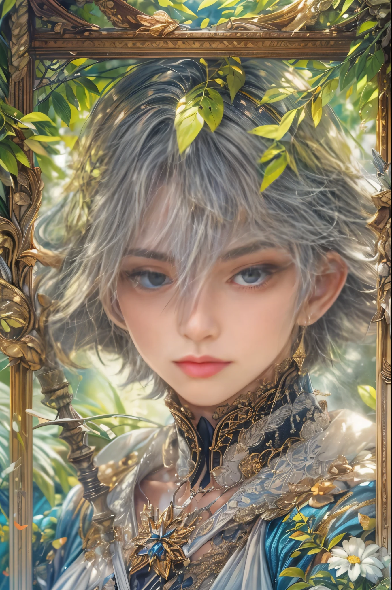 (absurdres, highres, ultra detailed, HDR), masterpiece, Intricate details,best quality picture of a character from Tales of the rays, handsome boy with short Hair anime eyes, intricate details on face, in a detailed outside garden sanctuary scenery, detailed character, art kenouji