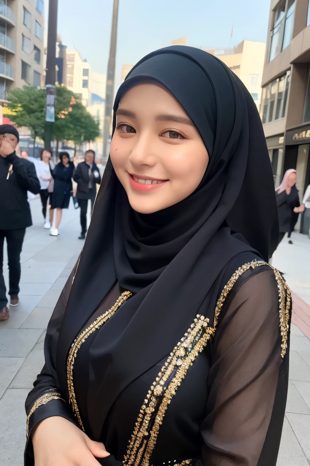 ((Best quality, 8k, Masterpiece :1.3)), 1girl, smiling, slim face, Pretty woman, (Dark brown hijab), full length blouse :1.1, Ultra-detailed face, Detailed eyes, Double eyelid, blur background, slim face, city, outside, street,