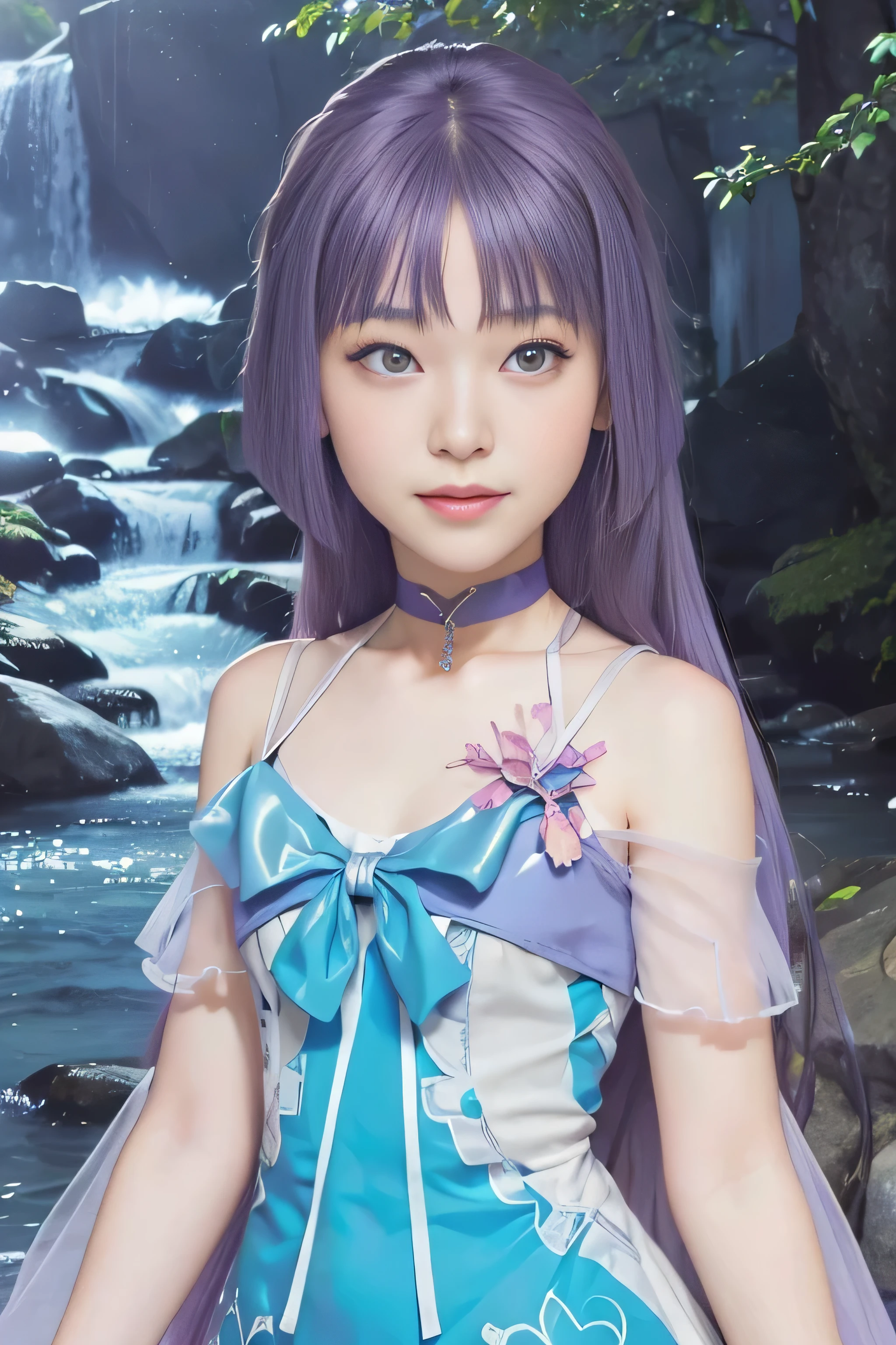 masterpiece, best quality, (realistic,photo-realistic:1.4), (RAW photo:1.2), extremely detailed CG unity 8k wallpaper, delicate and beautiful, amazing,finely detail, official art, absurdres, incredibly absurdres, huge filesize, ultra-detailed,extremely detailed eyes and face,light on face,sumire kakei,(little smile),(purple hair:1.4),(long hair:1.6),(wearing summer dress:1.5),river,choker