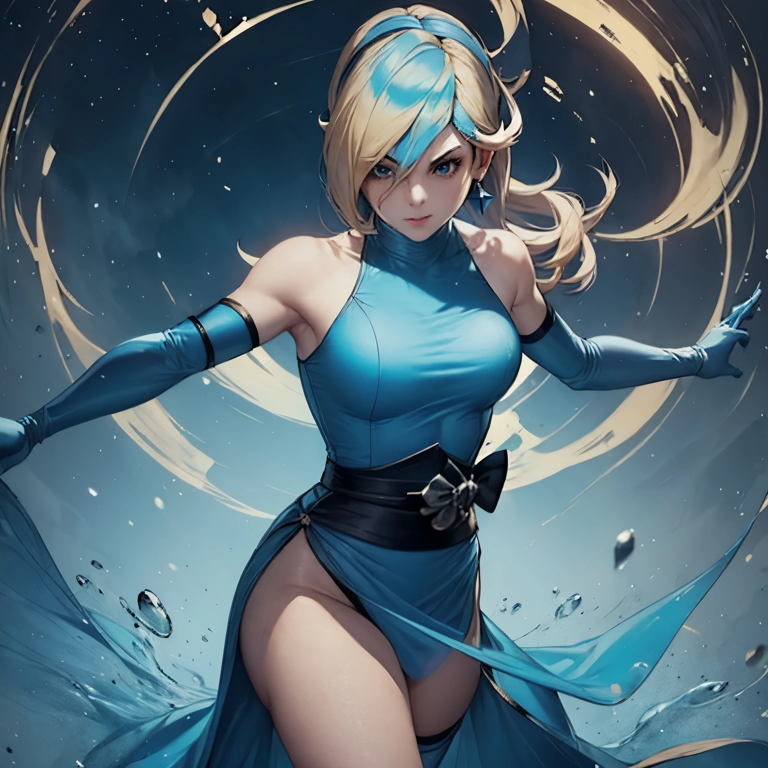 Rosalina wearing Roupa de Kitana from Mortal Kombat II, Roupa de Kitana, terno azul, Kunoichi simples, Rosalina parece, loiro, long hair loiro womans, strong instance, ready to fight, very strong instance 