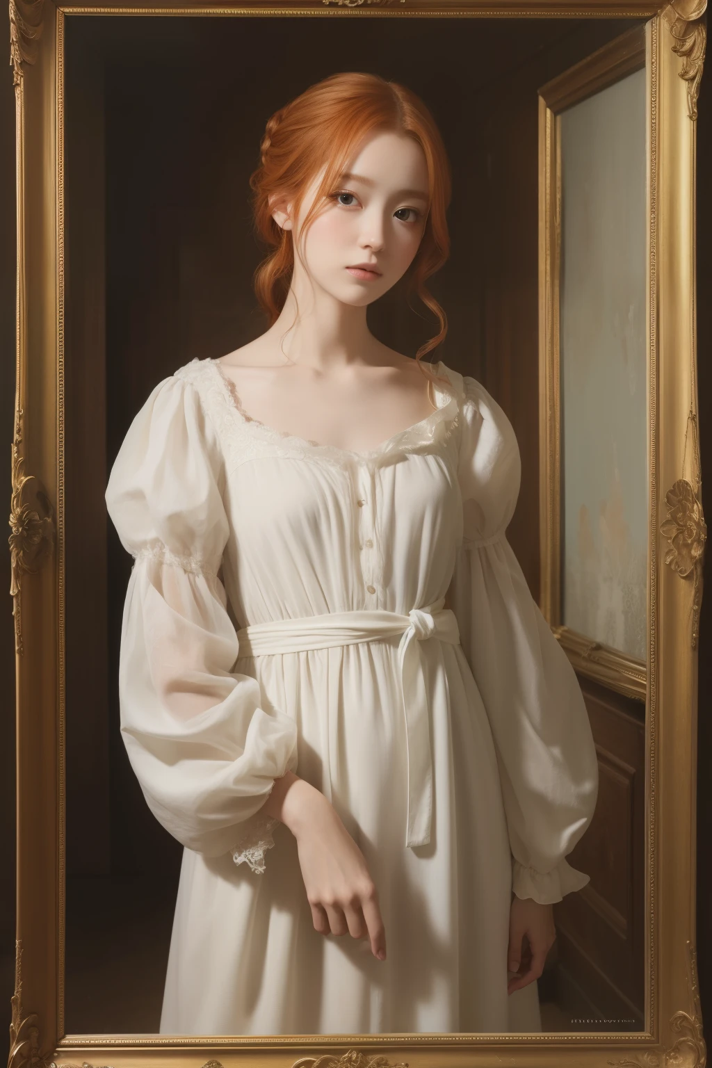 西洋絵画のmasterpiece, woman wearing white nightgown, Are standing, ginger hair, masterpiece, highest quality, Highest image quality