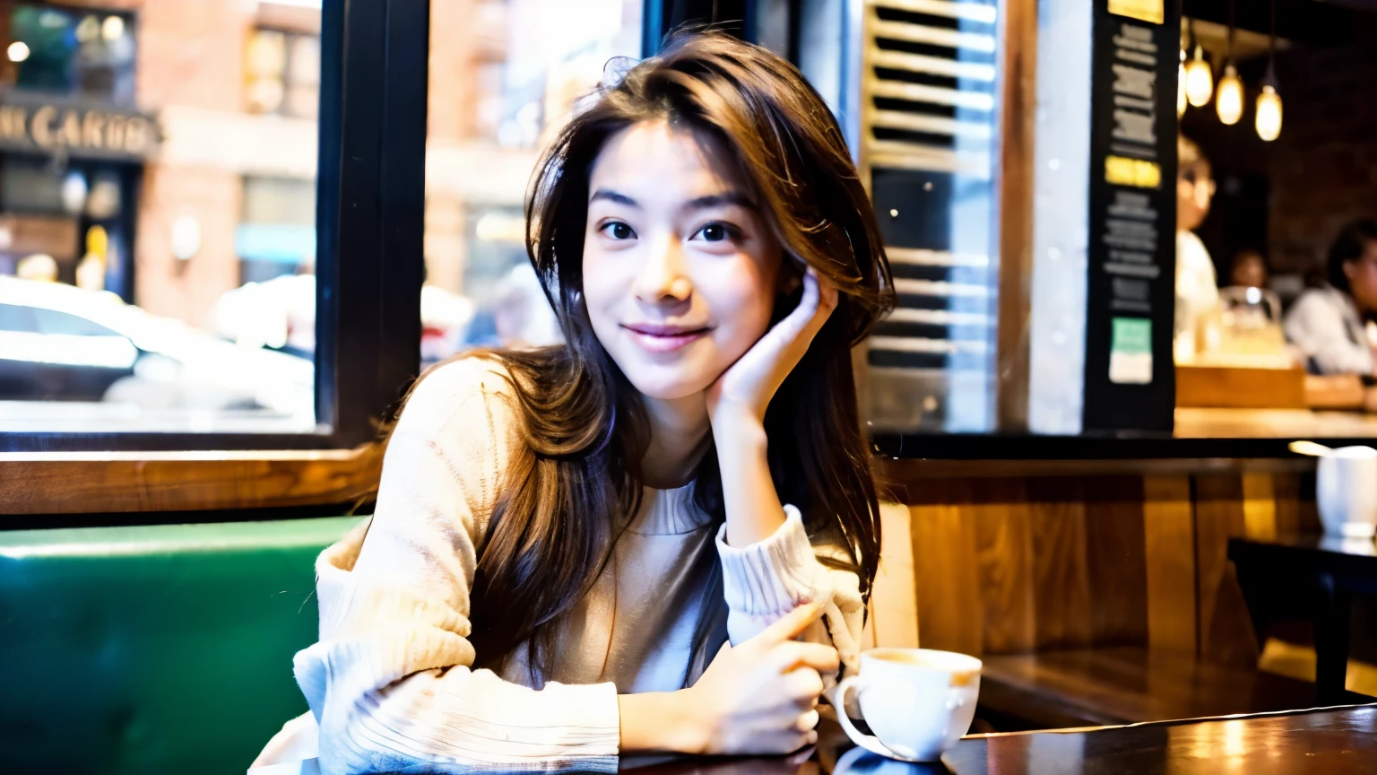 ((highest quality)), ((masterpiece)), (be familiar with), perfect face、A female college student relaxing with a latte on the table at a cafe in New York、Her hair is brown and medium short.、Stylish cafe staff working in the background