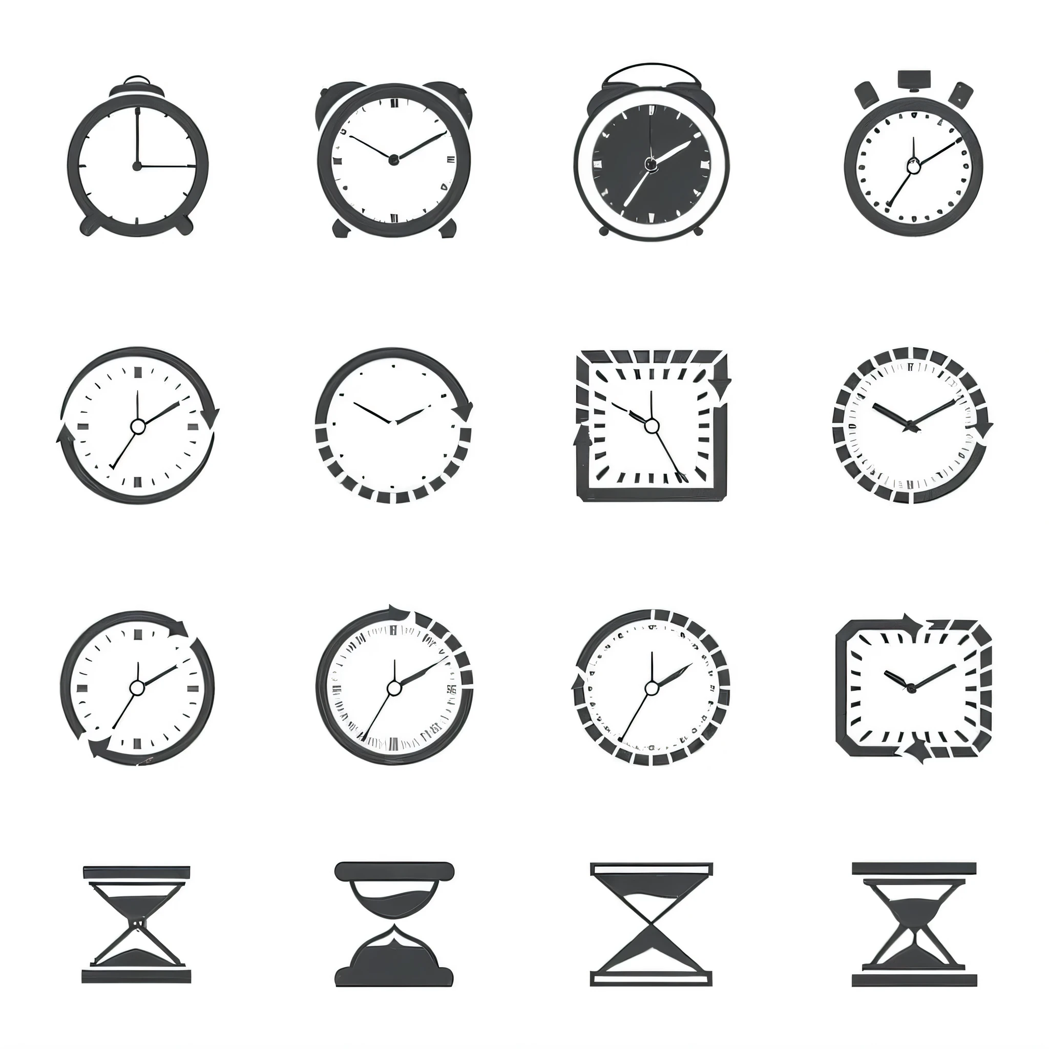 a close up of a clock and other clocks on a white background, clock iconography, clocks, clock, time, icon black and white, clockface, time is running out, icons, time displacement device, hour glass, icon, mechanical clock, status icons, hourglass, timeless, the flow of time. complex shapes, thumbnail, lunar time, vector