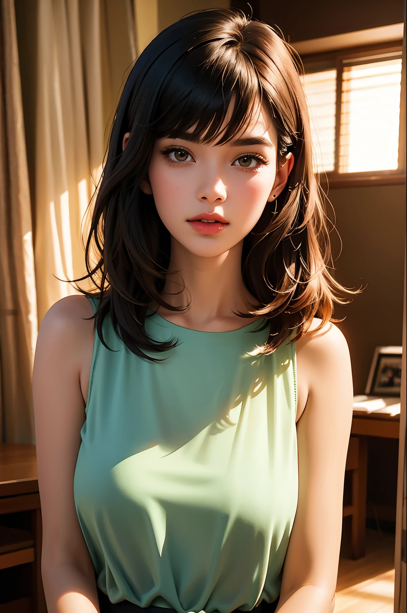 A girl with short brown hair and bangs captivates in a sleeveless blouse, set against a beautiful backdrop, illuminated by the stunning UHD studio lighting reminiscent of Paramount. Her hair frames her face with stylish flair, adding to her charm. The illustrative style draws inspiration from the contemporary and vibrant works of Audrey Kawasaki, known for her ethereal and emotive illustrations. The color palette combines warm earthy tones with pops of complementary colors, creating a visually captivating composition. The camera angle captures the girl in a natural and relaxed pose, showcasing her effortless beauty in the carefully crafted studio setting.