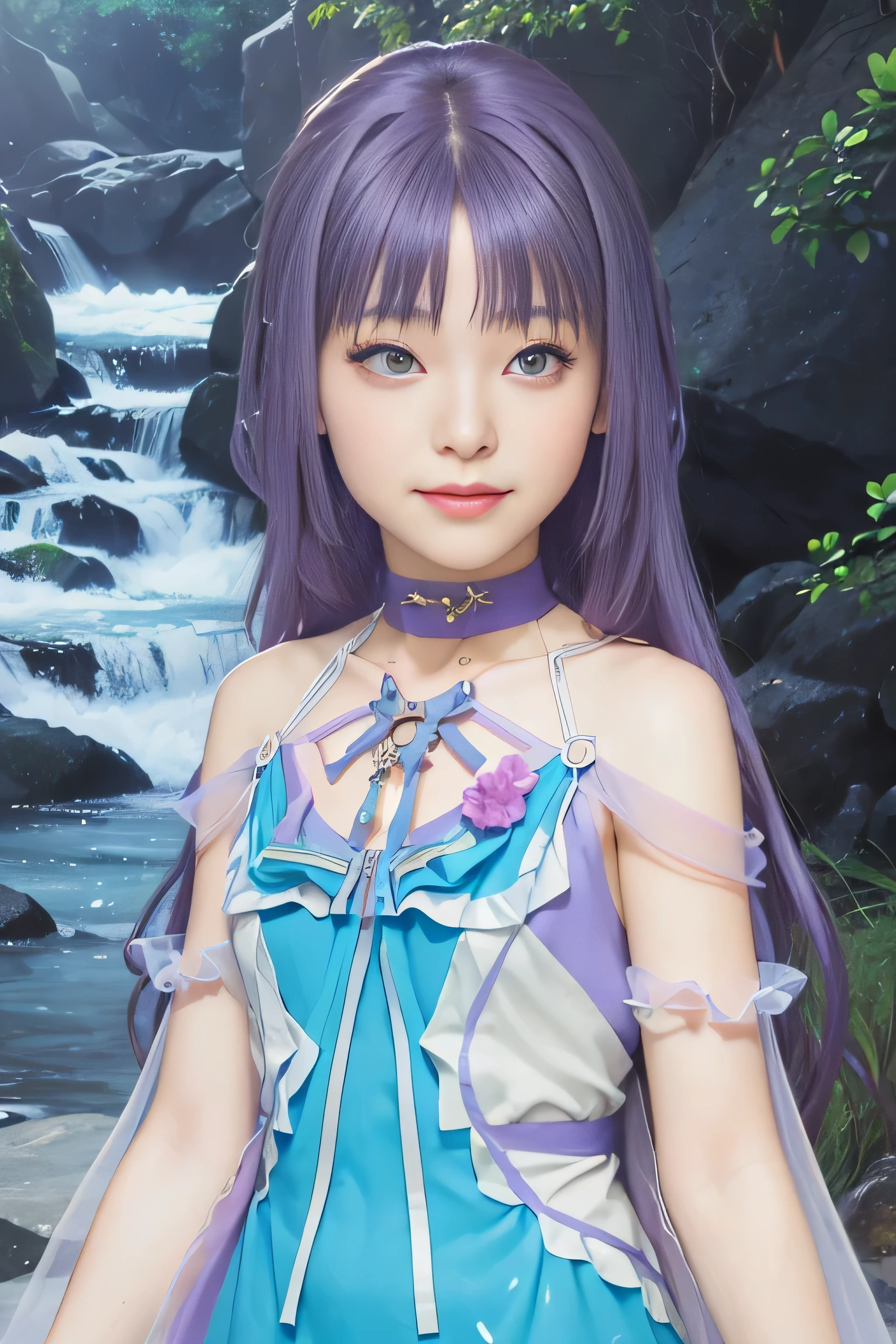 masterpiece, best quality, (realistic,photo-realistic:1.4), (RAW photo:1.2), extremely detailed CG unity 8k wallpaper, delicate and beautiful, amazing,finely detail, official art, absurdres, incredibly absurdres, huge filesize, ultra-detailed,extremely detailed eyes and face,light on face,sumire kakei,(little smile),(purple hair:1.4),(long hair:1.6),(wearing summer dress:1.5),river,choker,star pin on dress