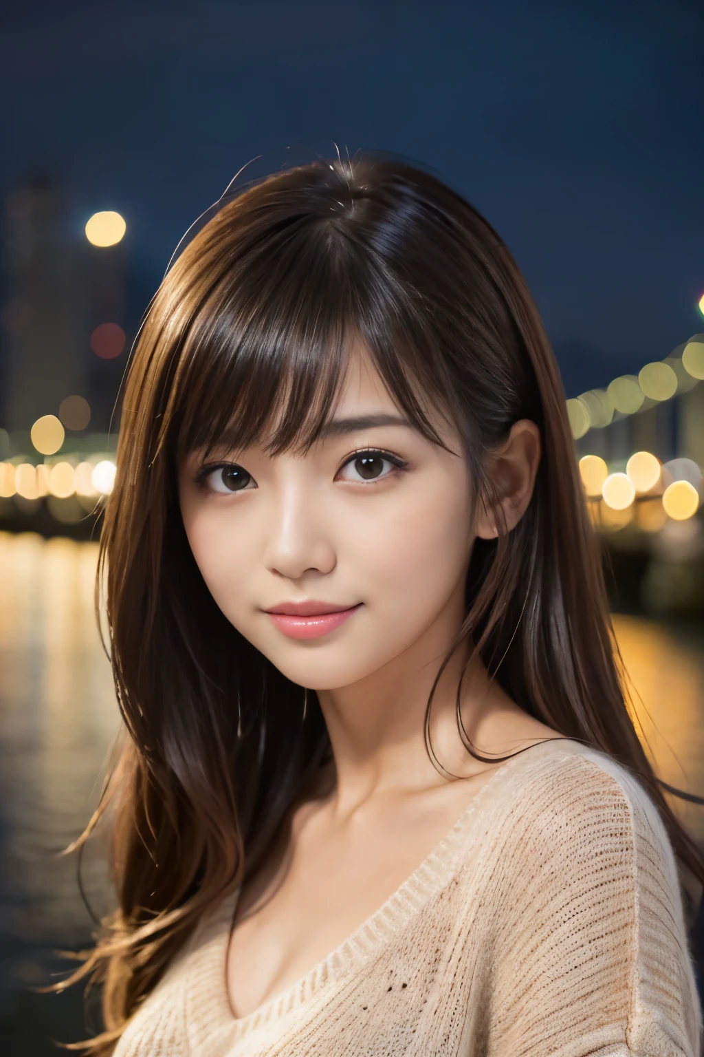 (Best Quality, 8k, 32k, Masterpiece, UHD: 1.3), (Attractive Japan Woman Pictures), One Girl, Perfect Body, Ultra Detailed Face, Detailed Lips, Fine Eyes, Double Eyelids, 25 years old, Detailed Face, Perfect Female Body, Medium hair, Messy hair, asymmetrical bangs, Light brown hair, Very detailed face, (cute, adorable), (depth of field:1.2), (V-neck sweater), bridge, building, city, city lights, colorful, night, ocean, outdoors, scenery, sky, tree, water, bridge, island,
masterpiece, best quality, Looking delighted, cheerful