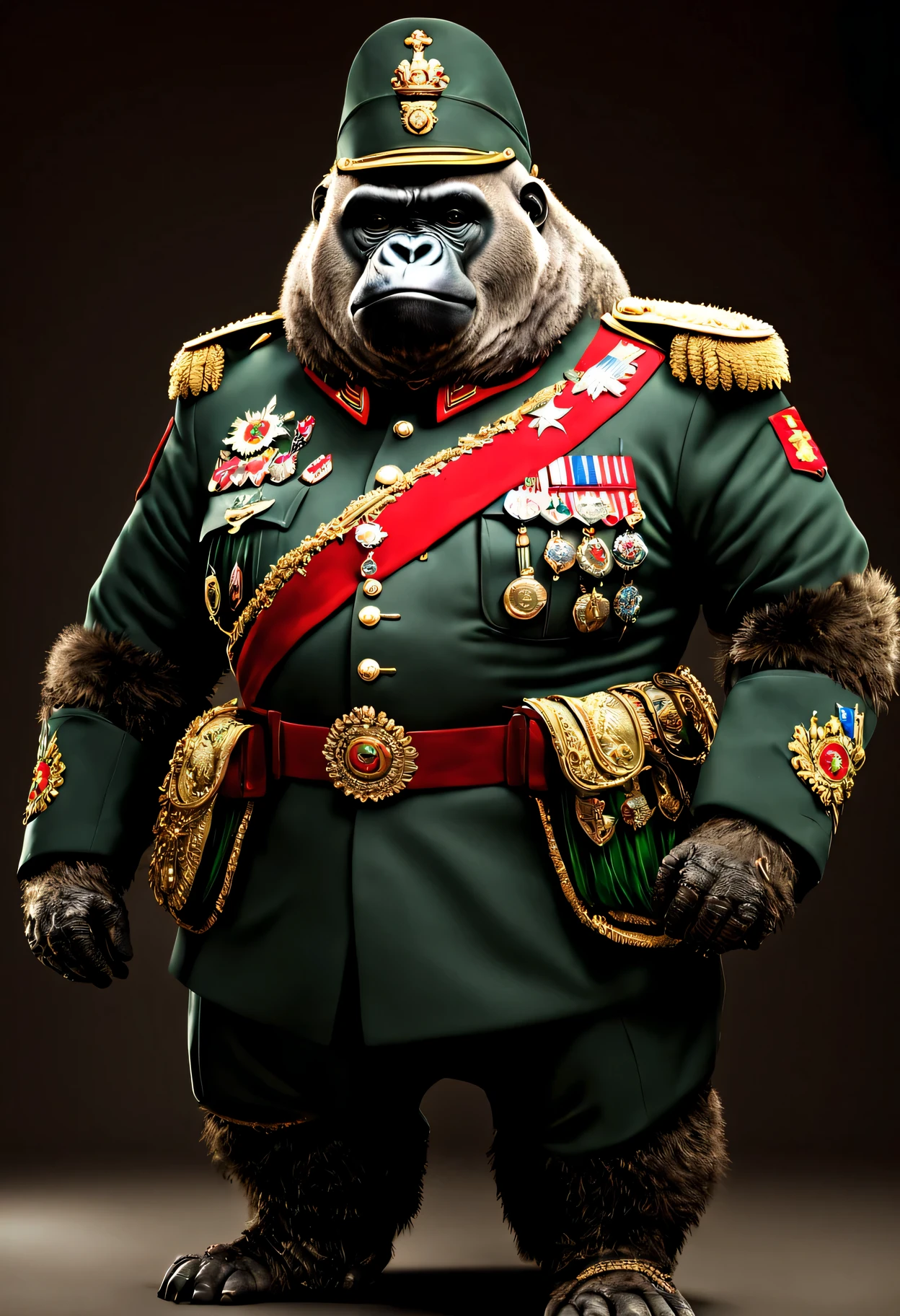photorealistic portrait of Dressed animals - a ((fat)) gorilla general,(brave pose), high quality,(lovely) ,intricate details, highly detailed ((military uniform) ,,highly detailed decorations, , (brave), studio lighting,(full body image from head to toe:1.5)