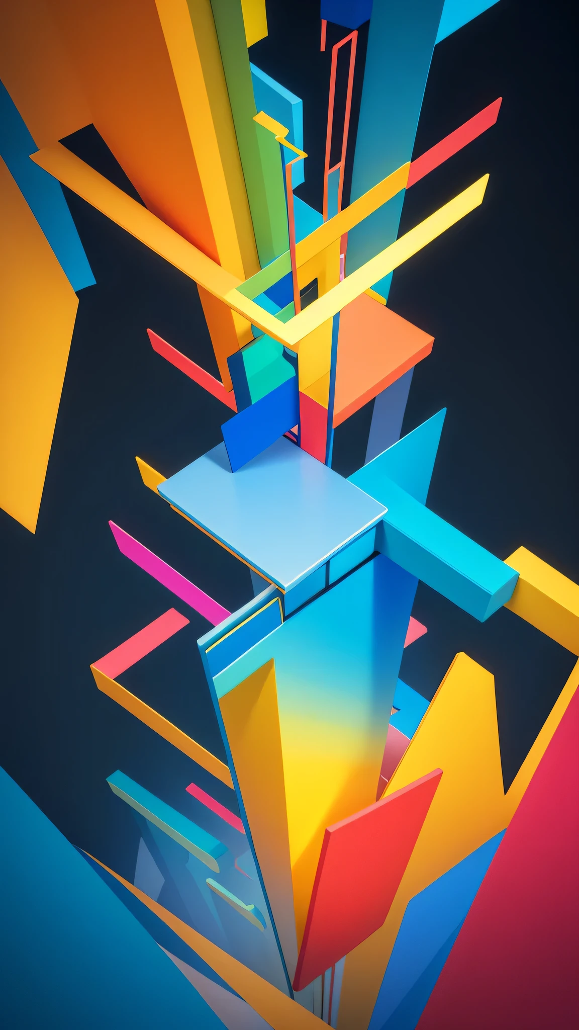 Create a vibrant abstract mobile wallpaper featuring geometric shapes and bold, contrasting colors. Incorporate dynamic patterns and textures to add depth and interest to the design. Consider using gradients or light effects to create a sense of movement or energy within the composition. Experiment with different arrangements and compositions to achieve a visually striking result that will enhance any mobile device screen.