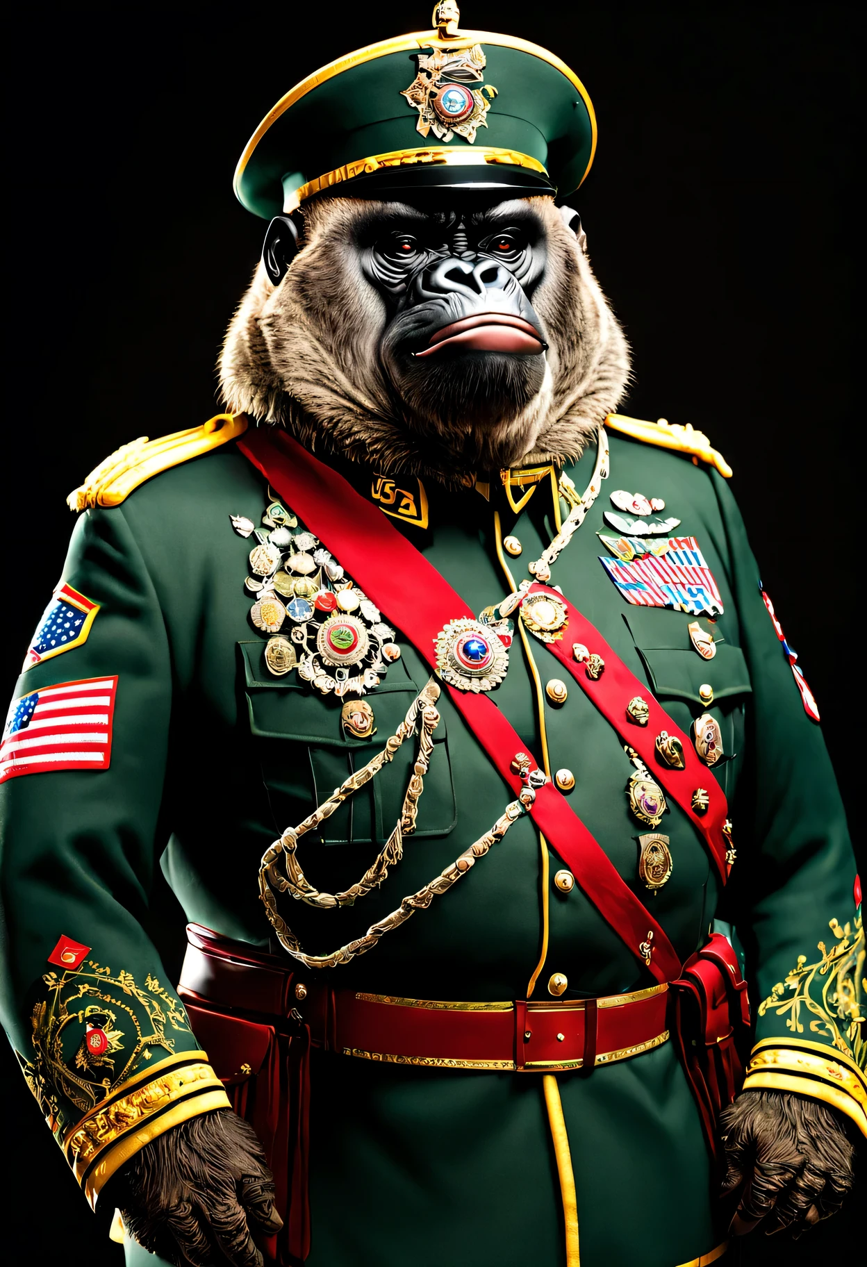 photorealistic portrait of Dressed animals - a ((fat)) gorilla general,(brave pose), high quality,(lovely) ,intricate details, highly detailed ((military uniform of USA) ,,highly detailed decorations, , (brave), studio lighting,(full body image from head to toe:1.5)