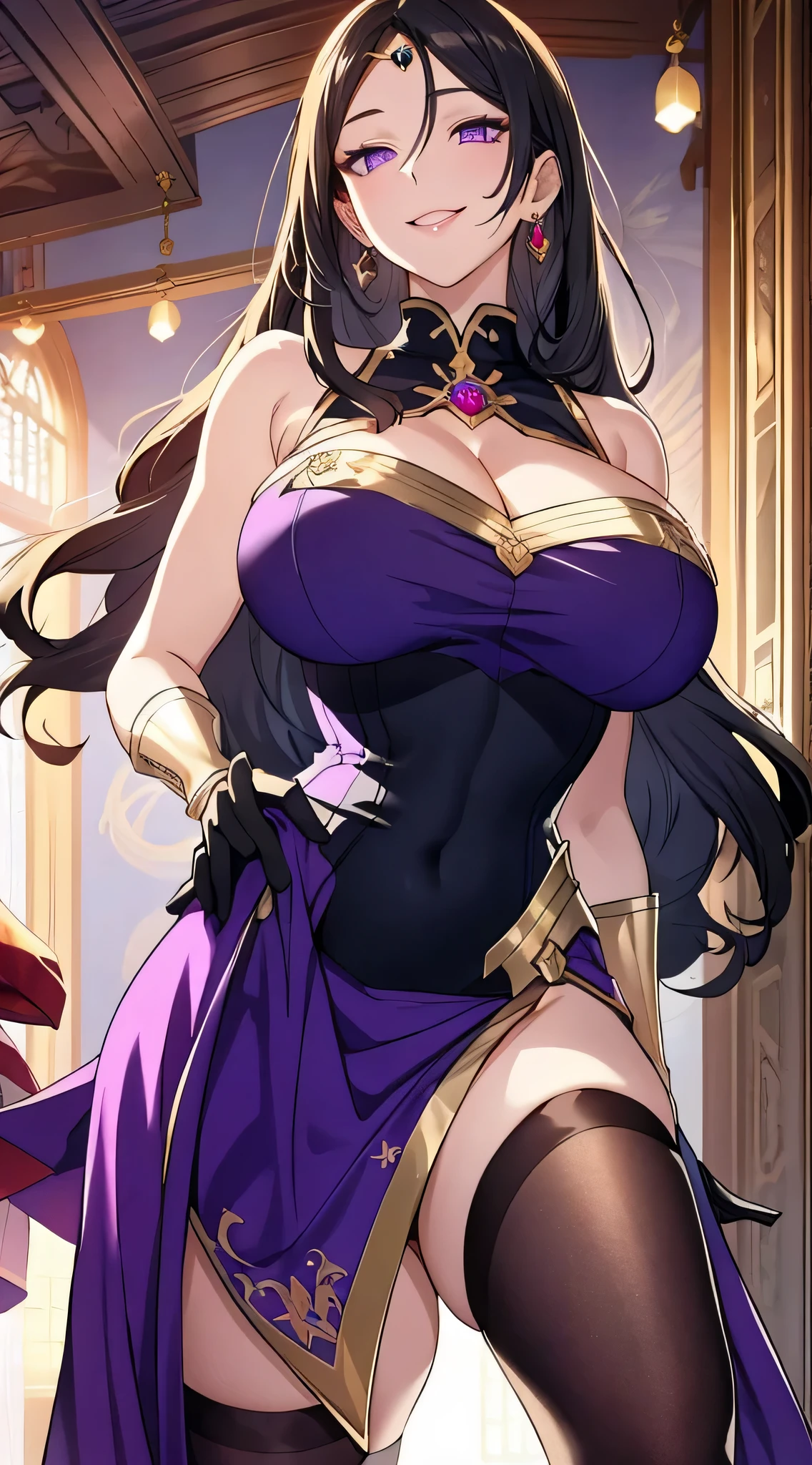 Lian, long black hair, hair stick, bangs, violet eyes, solo, smiling, standing, upper body, hips, bare shoulders,purple thighhighs,violet dress, gold jewelry,armor,gloves,circlet, cleavage, red and gold royal castle, gigantic breasts, (best quality, masterpiece, beautiful and aesthetic:1.2, highest detailed face, perfect face,)  eyes, perfect face,expressive eyes,
looking at viewer, in the center of the image,(Upper_body),(Focus on her face),
official art,extremely detailed CG unity 8k wallpaper, perfect lighting,Colorful, Bright_Front_face_Lighting,shiny skin, 
(masterpiece:1.0),(best_quality:1.0), ultra high res,4K,ultra-detailed
