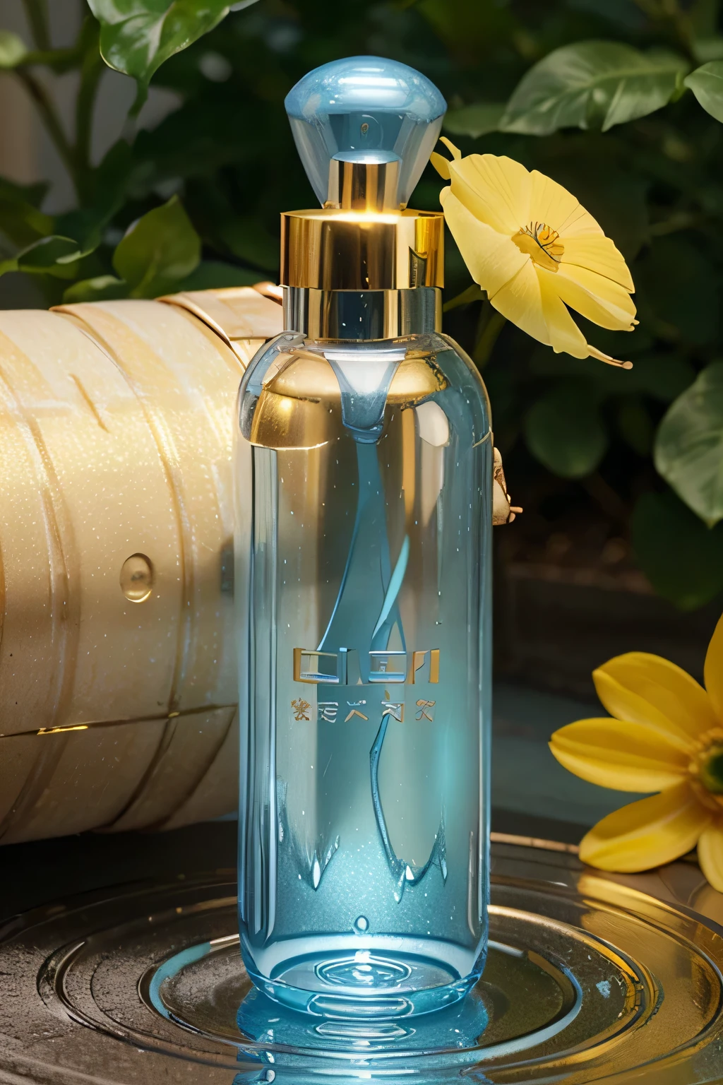 (elongated translucent cosmetic bottle, light blue liquid inside, gold metal cap, single flower, Best quality)