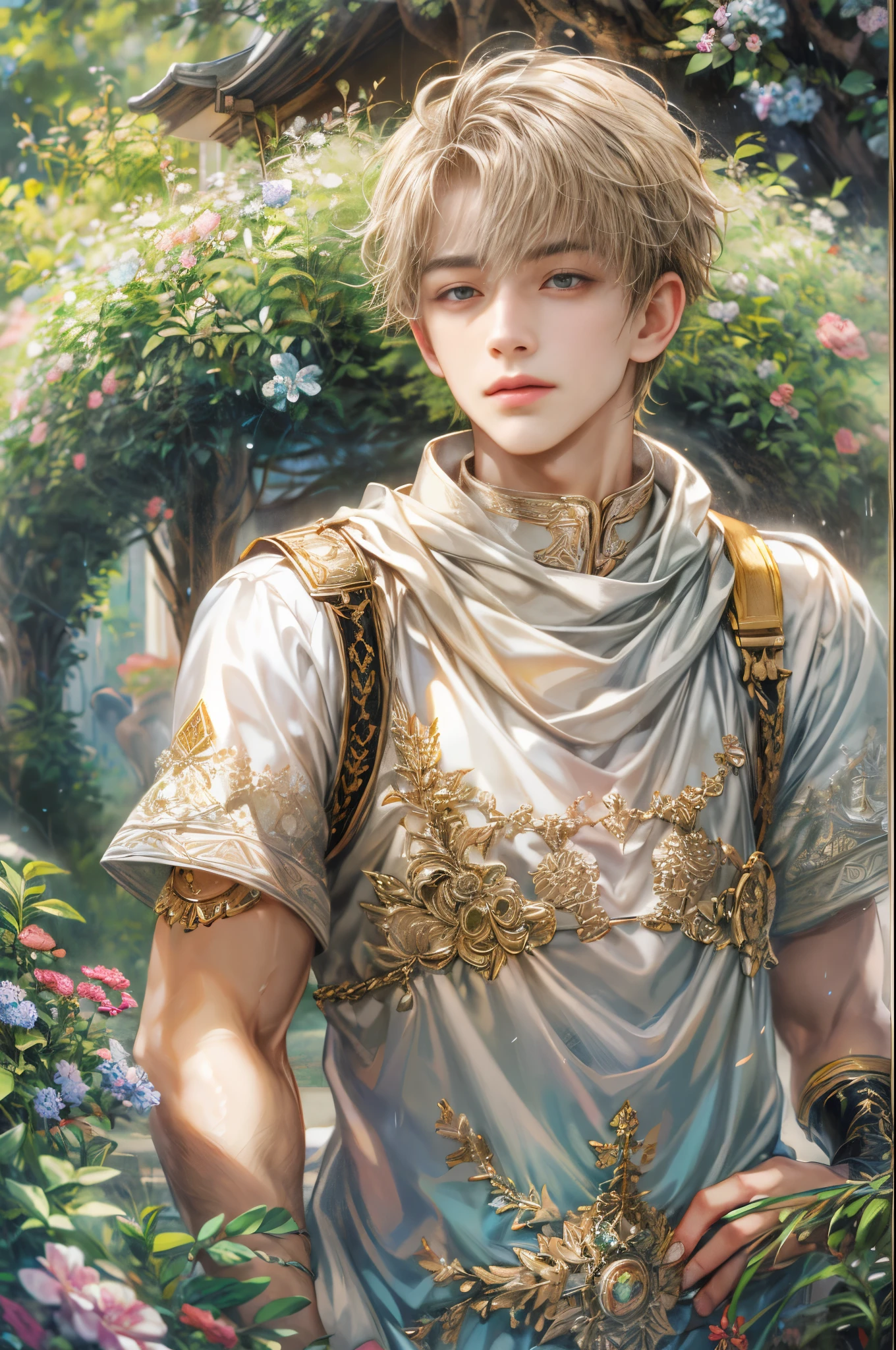 (absurdres, highres, ultra detailed, HDR), masterpiece, Intricate details,best quality picture of a character from Valkyrie Elysium, handsome teen boy with short Hair anime eyes, intricate details on face, in a detailed outside garden sanctuary scenery, detailed character, art kenouji