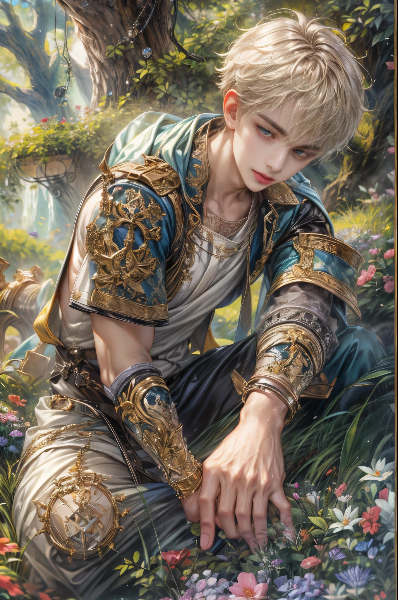 (absurdres, highres, ultra detailed, HDR), masterpiece, Intricate details,best quality picture of a character from Valkyrie Elysium, handsome teen boy with short Hair anime eyes, intricate details on face, in a detailed outside garden sanctuary scenery, detailed character, art kenouji