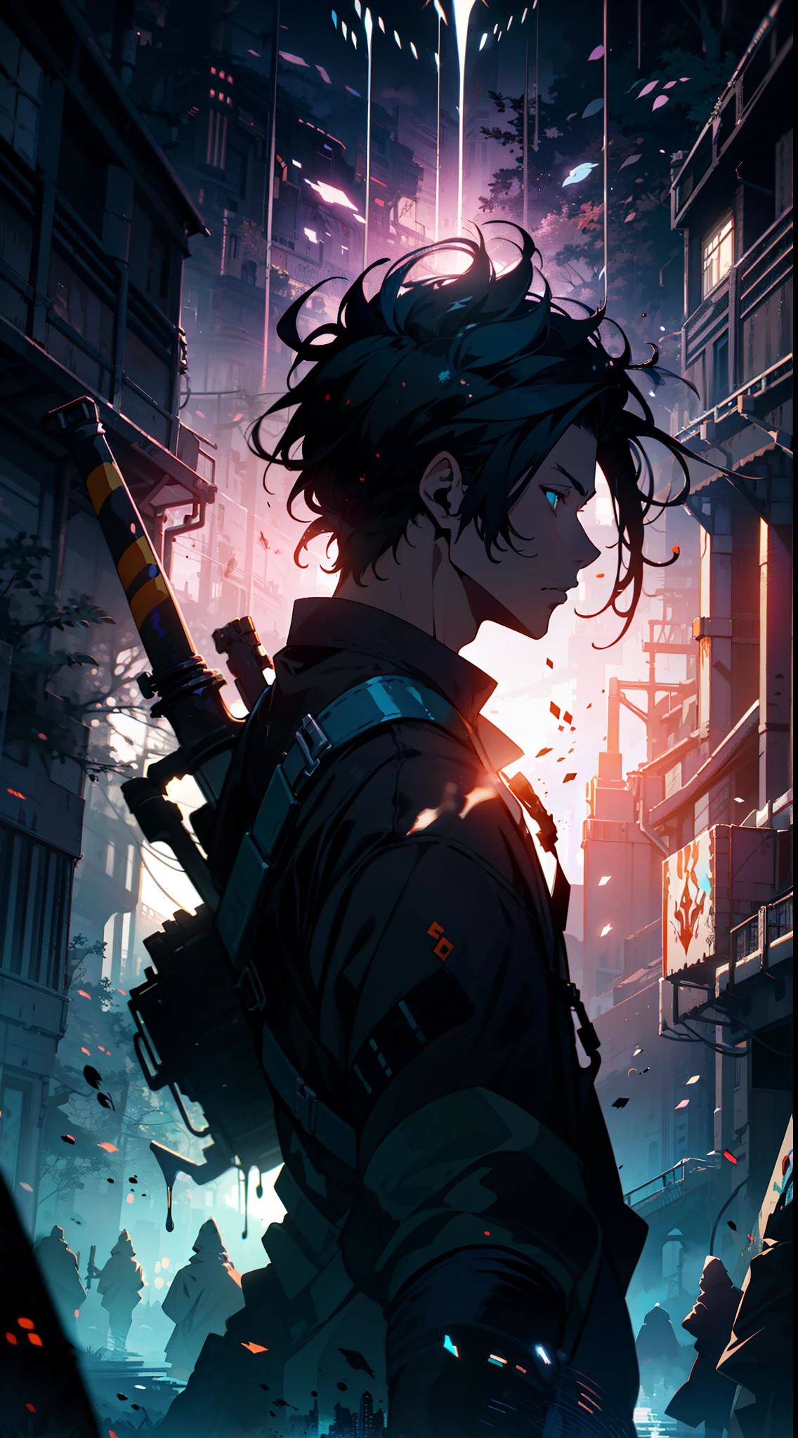 Anime boy, holding a sword, fantasy world, dark background, clean design, epic, artstation, colorful paint splatter, silhouette, hyper detailed intricate details, unreal engine, fantasy, splash screen, complementary colors, deviantart masterpiece, oil painting, heavy strokes, paint dripping, indifferent expression