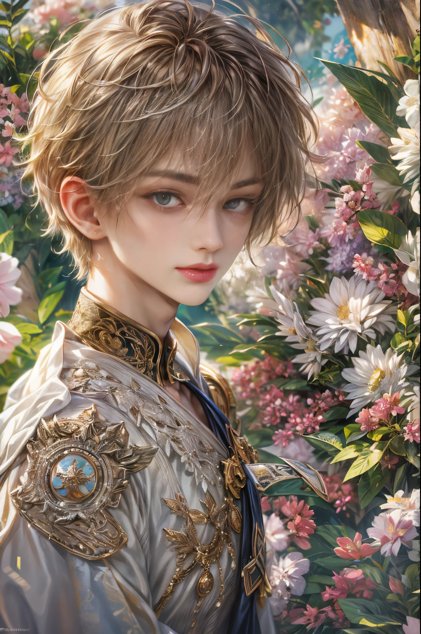 (absurdres, highres, ultra detailed, HDR), masterpiece, Intricate details,best quality picture of a character from Valkyrie Elysium, handsome boy with short Hair anime eyes, intricate details on face, in a detailed outside garden sanctuary scenery, detailed character, art kenouji