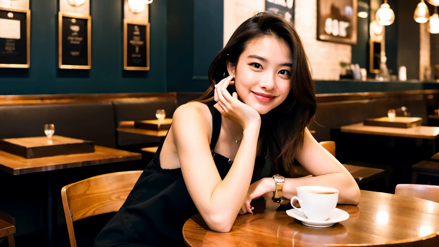 ((highest quality)), ((masterpiece)), (be familiar with), perfect face、A female college student relaxing with a latte on the table at a cafe in New York、Stylish cafe staff working in the background