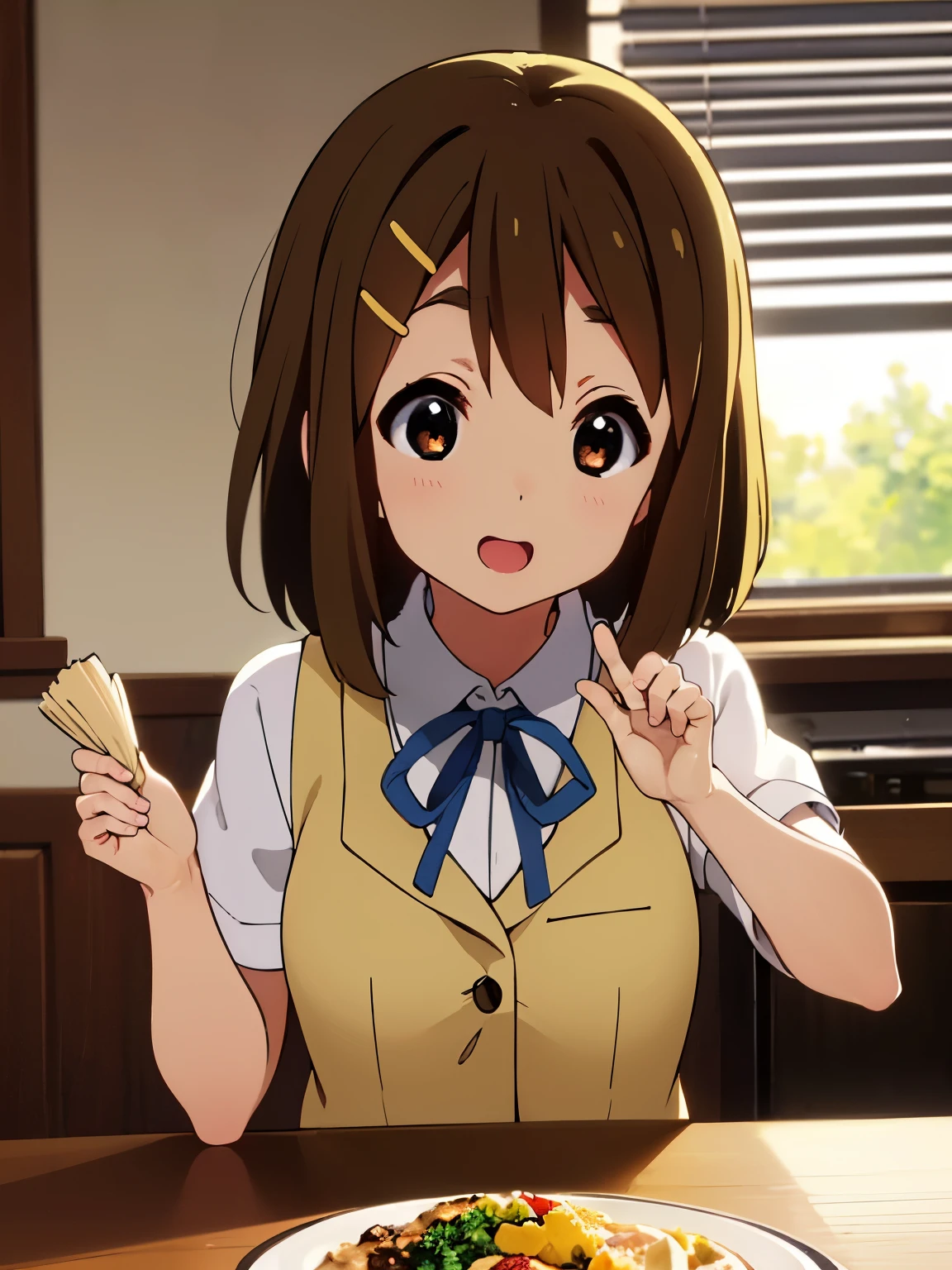 1girl, (((masterpiece))), top-quality, top-quality, High Details, hirasawa yui, 1girl, Sakuragaoka High School Uniform, student clothes, maid cafe uniform, two-yellow hairpin, short hair, A brown-haired, brown-eyed, solo, reddish, thin blue ribbon, Solid white buttoned shirt under blazer, sitting in a dining chair, full food on the dining table, illustratio, comic strip, soothing tones, Subdued Color, Soft cinematic light, adobe lightroom, photolab, HDR, intricately and hyper-detailed、(((depth of fields))))。(((masterpiece)))。(((top-quality))).)((ultra-detailliert)))。(((illustratio)))。(((takeout))).dynamic focus.big breasts.(((home))).(((A kitchen))).(((Face of happy))). open mouth.(((hands holding food))).(((up chest))).((morning glow)).((the setting sun)).