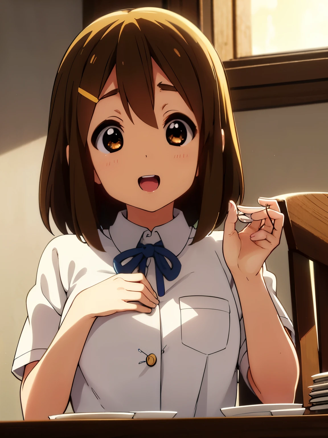 1girl, (((masterpiece))), top-quality, top-quality, High Details, hirasawa yui, 1girl, Sakuragaoka High School Uniform, student clothes, maid cafe uniform, two-yellow hairpin, short hair, A brown-haired, brown-eyed, solo, reddish, thin blue ribbon, Solid white buttoned shirt under blazer, sitting in a dining chair, full food on the dining table, illustratio, comic strip, soothing tones, Subdued Color, Soft cinematic light, adobe lightroom, photolab, HDR, intricately and hyper-detailed、(((depth of fields))))。(((masterpiece)))。(((top-quality))).)((ultra-detailliert)))。(((illustratio)))。(((takeout))).dynamic focus.big breasts.(((home))).(((A kitchen))).(((Face of happy))). open mouth.(((hands holding food))).(((up chest))).((morning glow)).((the setting sun)).