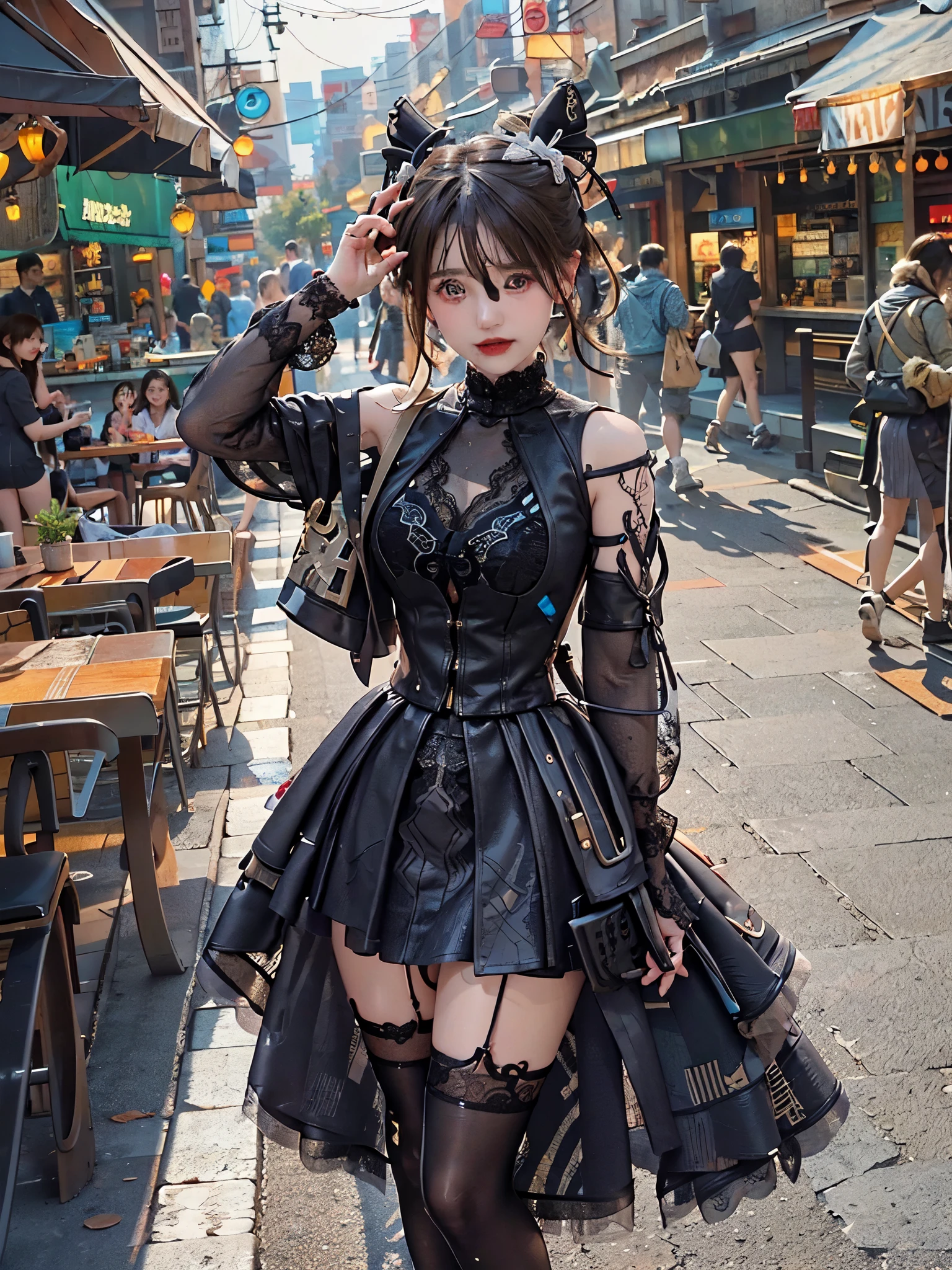 8k, RAW photo, top quality, masterpiece, realistic, photorealistic, clear, professional lighting, beautiful face, top quality, super high resolution.
       BREAK (full body.:1.5),  ,(18 years old very beautiful Japanese girl:1.3)
nsfw,

Slender, very flat chested, very small breasts


(The supermodel is smiling confidently and striking various poses in the photoshoot, :1.4)

(A very stylish cafe terrace at night, magically lit up, :1.3)


((futuristic stylish cyberpunk leather dress):1.3)
    BREAK latex, Glossy, Liquid, rubber, BREAK(turtleneck:1.2),(Black theme:1.3),(lace and leather turtleneck,:1.3)(black maximum A-line  
 leather skirt:1.4), 
(patchwork oflace and leather:1.5),
(Separate leather dress with intricate triangular silhouette lace decoration:1.5),
(lace patchwork,:1.4),hands,more detail XL,2b-Eimi,virgin destroyer sweater,aesthetic portrait,Wonder of Beauty,cat lingerie,futurecamisole, sideboob,jclnyz,xxmixgirl,underboob,bodyconc,masterpiece