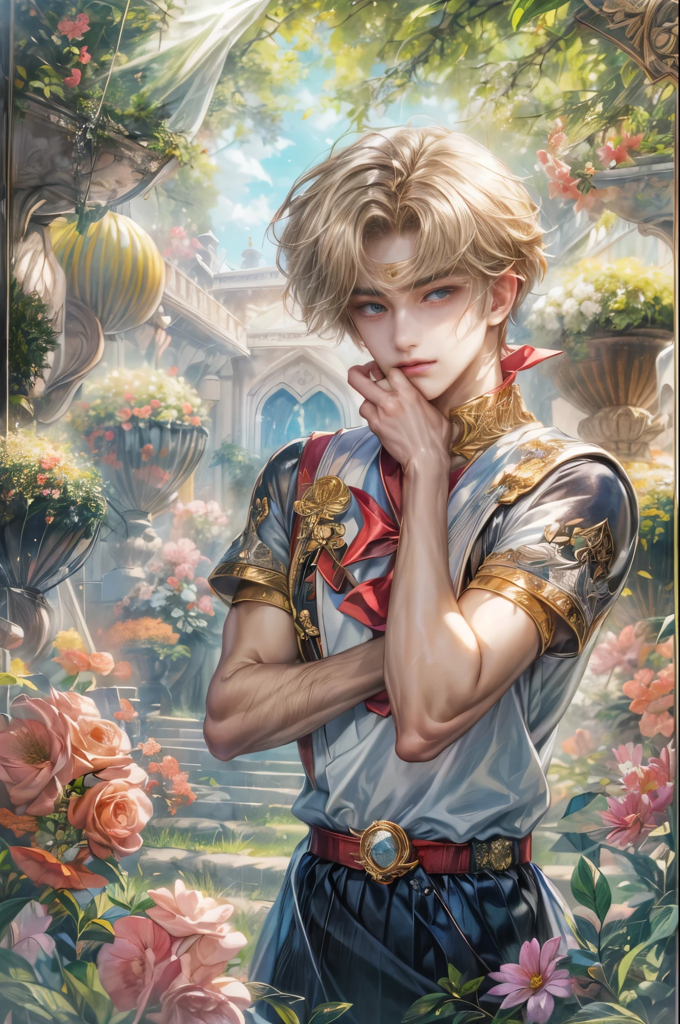(absurdres, highres, ultra detailed, HDR), masterpiece, Intricate details,best quality picture of a character from Sailor Moon, male version of a character, handsome teen boy with short Hair anime eyes, intricate details on face, in a detailed outside garden sanctuary scenery, detailed character, art kenouji