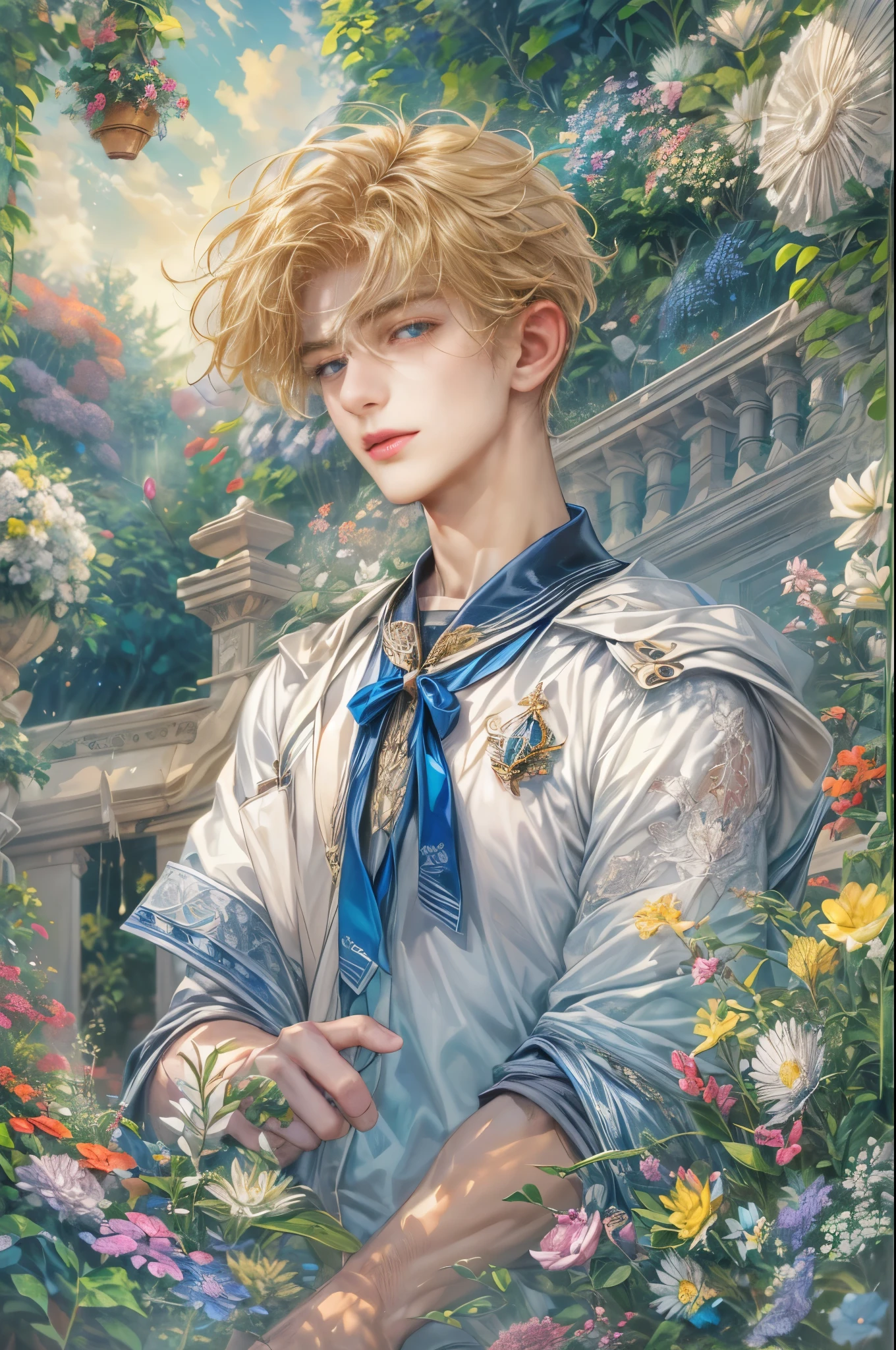 (absurdres, highres, ultra detailed, HDR), masterpiece, Intricate details,best quality picture of a character from Sailor Moon, male version of a character, handsome teen boy with short Hair anime eyes, intricate details on face, in a detailed outside garden sanctuary scenery, detailed character, art kenouji