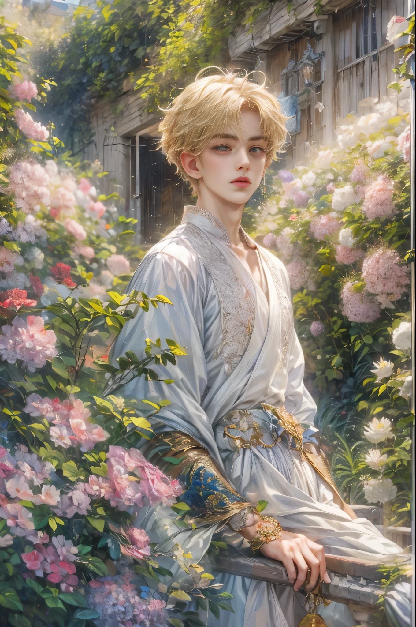 (absurdres, highres, ultra detailed, HDR), masterpiece, Intricate details,best quality picture of a character from Sailor Moon, male version of a character, handsome teen boy with short Hair anime eyes, intricate details on face, in a detailed outside garden sanctuary scenery, detailed character, art kenouji