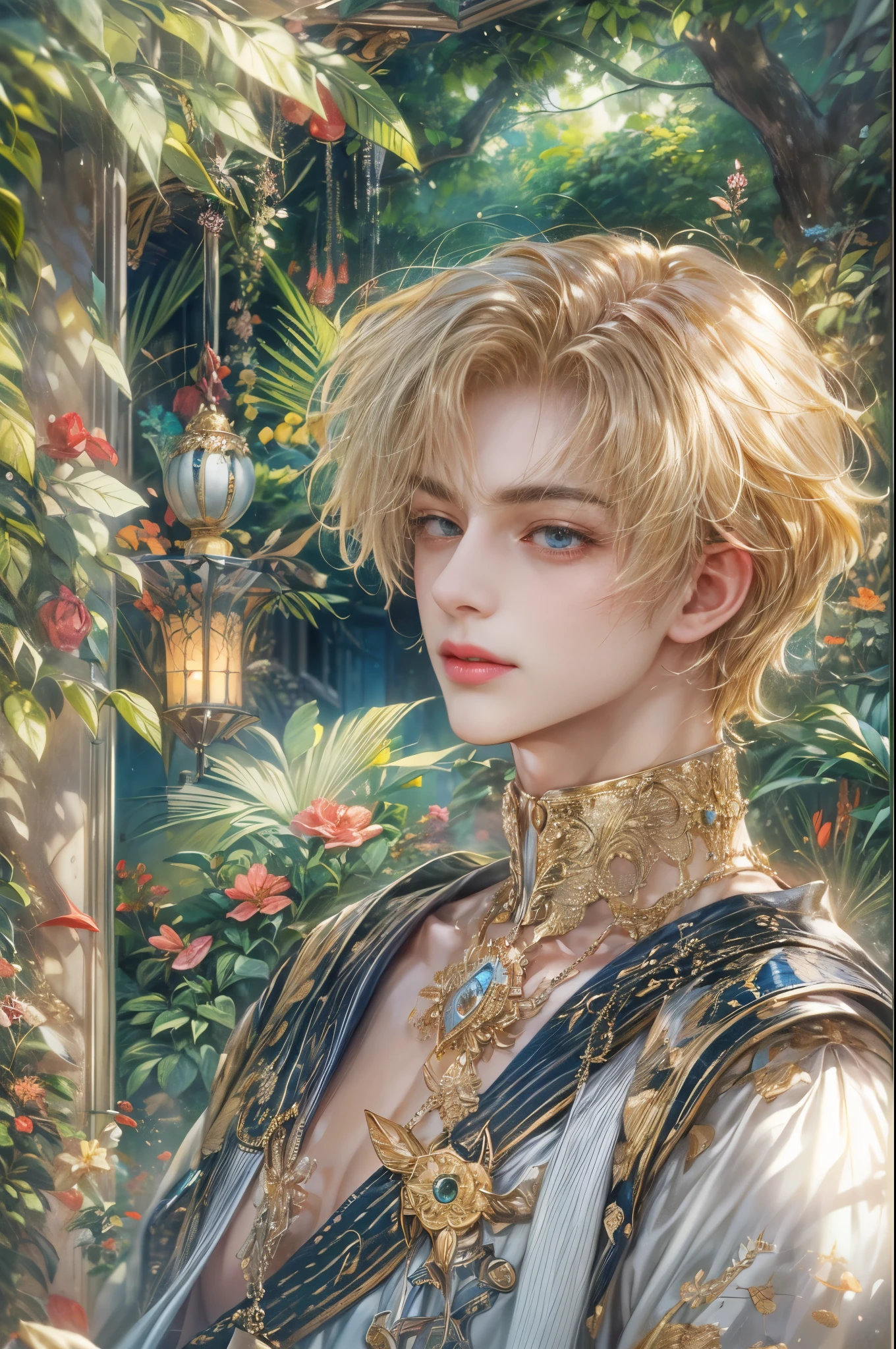 (absurdres, highres, ultra detailed, HDR), masterpiece, Intricate details,best quality picture of a character from Sailor Moon, male version of a character, handsome teen boy with short Hair anime eyes, intricate details on face, in a detailed outside garden sanctuary scenery, detailed character, art kenouji