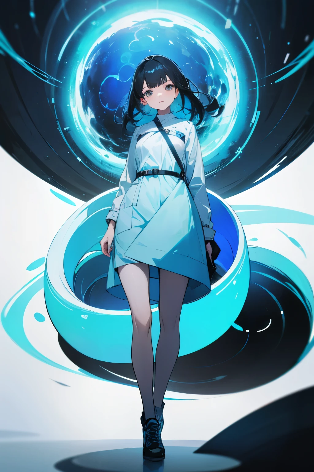 A beautiful woman wearing modern clothes in light blue tones. Black hair. The woman looks over her shoulder at the camera as she prepares to enter the wormhole. 8K image quality.
