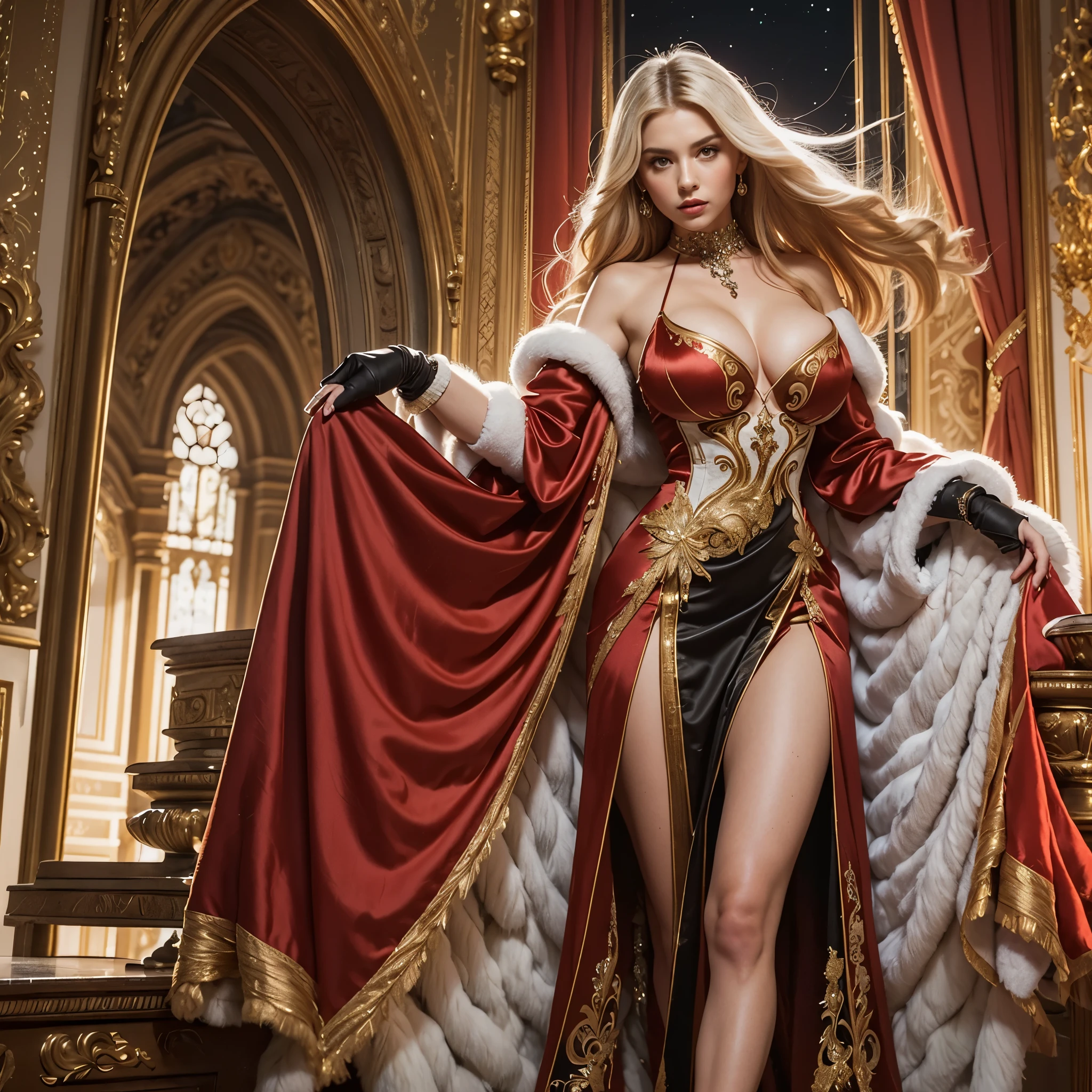 Extremely powerful strong and well endowed twenty years ((blonde)) single woman, very sophisticated noble queen empress dress costume, (fantasy extravagant opulent multi-layered white fur and red silk dress:1.8), royal opulent parade gown, full of luxury, full of confidence, giant breasts, medieval fantasy setting, masterpiece, luxury atmosphere, dynamic lighting, intense contrast, inside a beautiful manor, many jewels, many layers, extremely intricate and pretentious , (pretentious:1.3), night time, pretentious pose, action shot, generous plunging neckline, depth of field