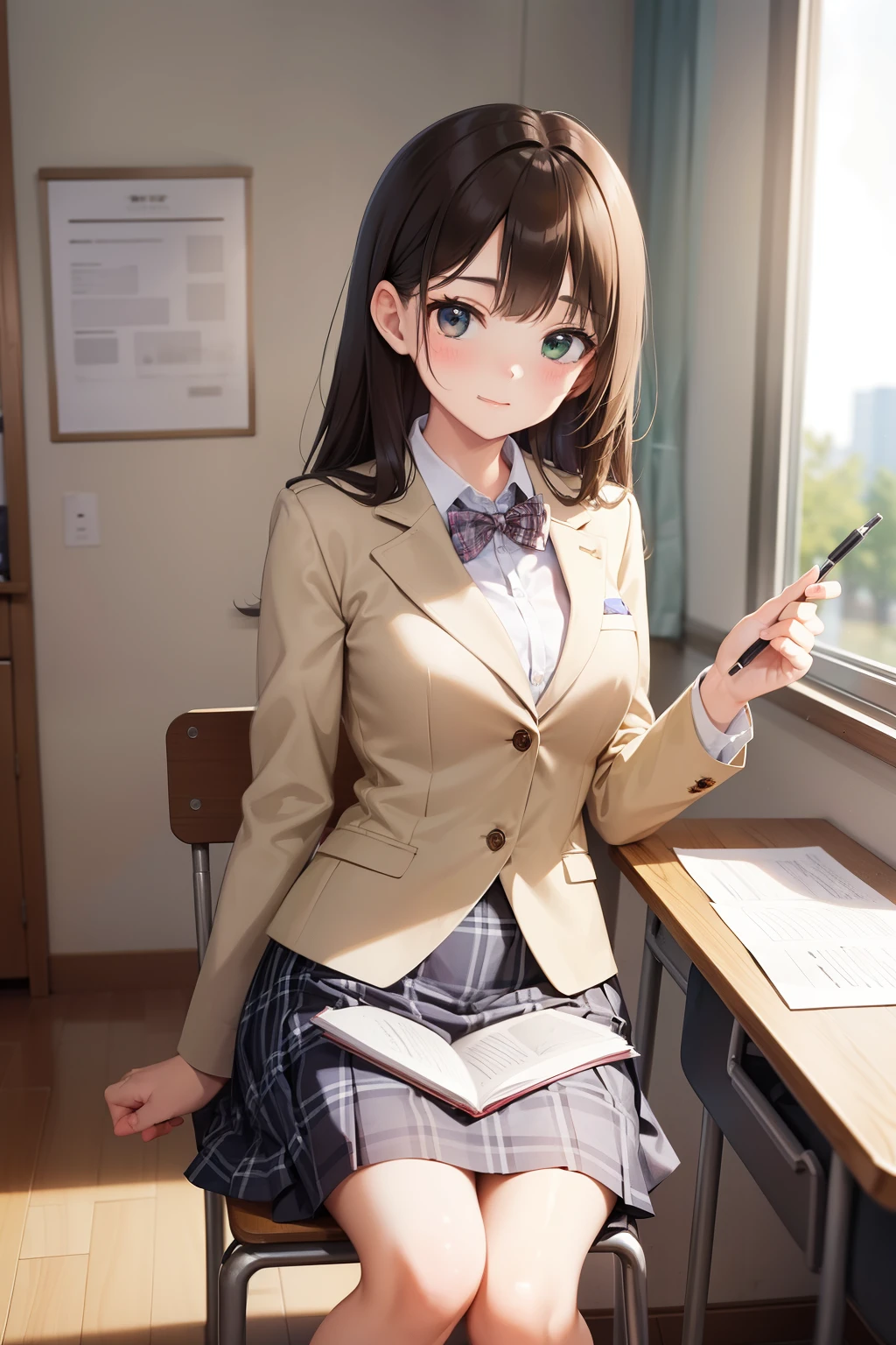 High school girl drawing in the classroom, wearing a uniform, brown blazer, green plaid skirt, easel, unfinished portrait, masterpiece, highest quality, Highest image quality
