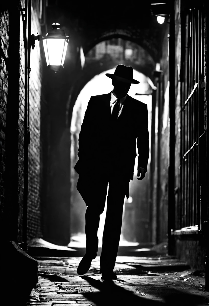 A secret agent in a dark city alley at night, (film noir, neo-noir style, shadows, lighting), (male, suit, fedora), holding a gun, searching, (black and white photo, high contrast, high resolution, highly detailed, photo-realistic:1.2)