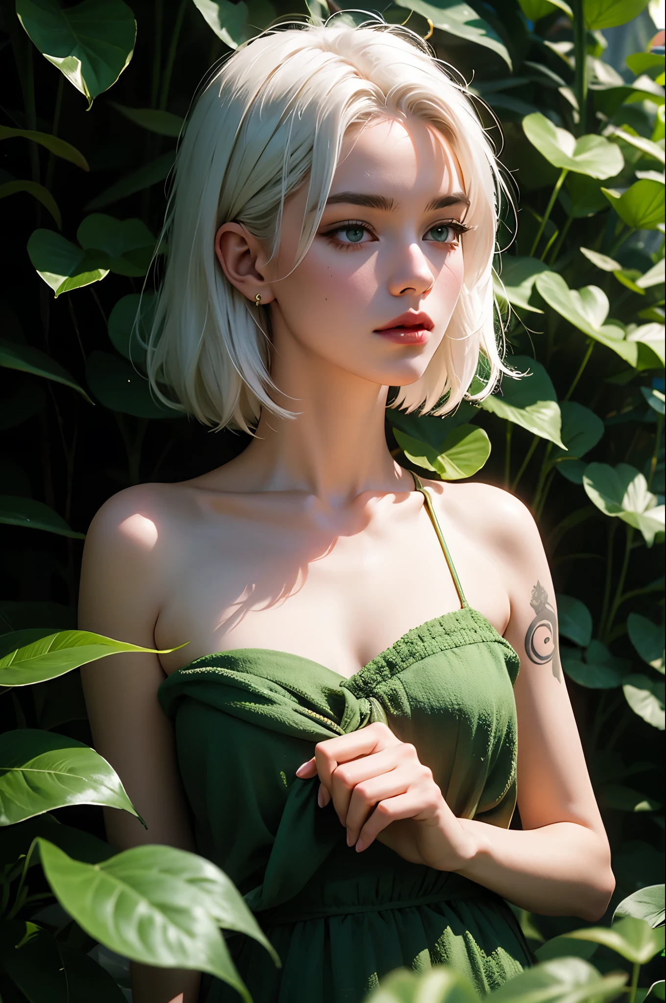 1girl, solo, white_hair, tattoos, grotto, verdant, flowers, beautiful, idyllic, sublime, absurdres, hyper-realism, textured, maximum_detail, dslr 