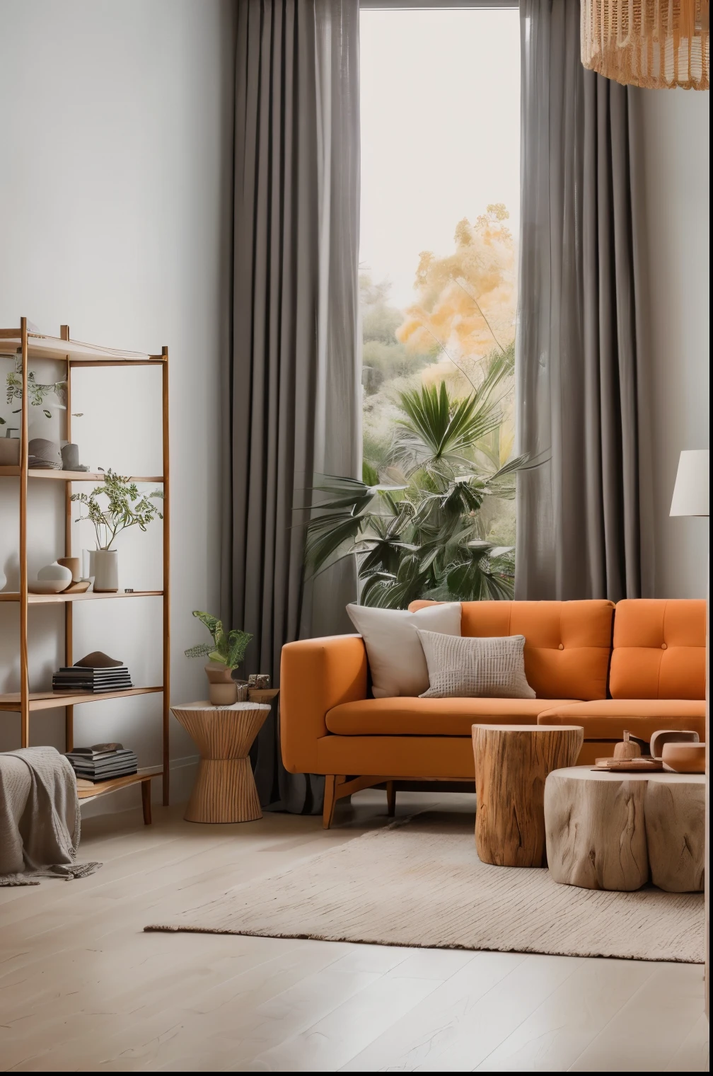 RAW photo, Masterpiece, high quality, best quality, authentic, super detailed,((a living room design with grey, yellow and wood, in the style of light orange and light beige, neoclassical simplicity, minimalist ceramics, minimalist detail, organic material, multilayered, use of fabric, archdaily architecture, (high detail: 1.2), 8k uhd, dslr, soft light, high quality, film grain, Fujifilm XT3