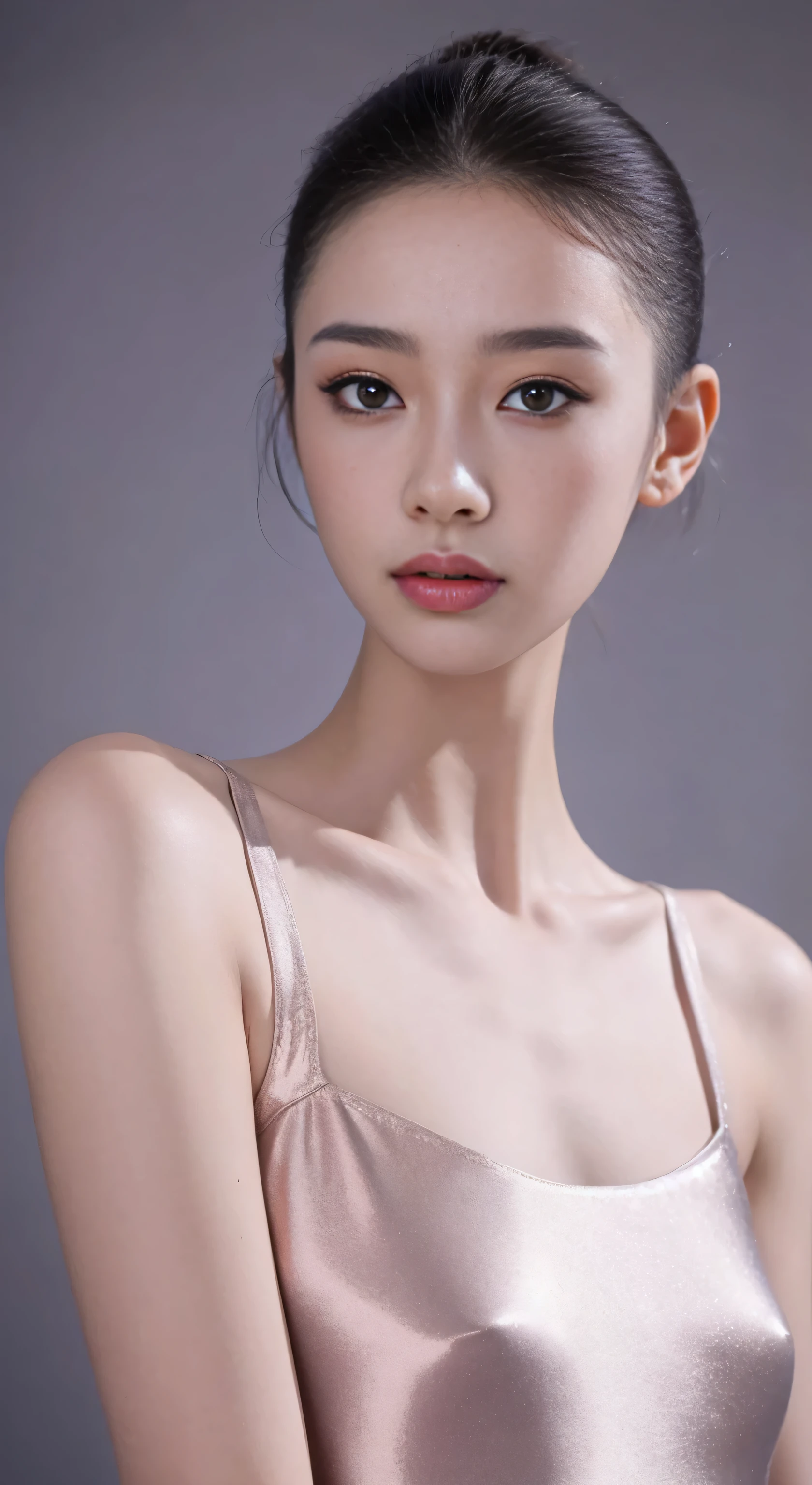 fashion model 18 years old [[[[Close-up face]]]], [[[[]]]], [[[[rape]]]], perfect eyes, perfect iris，perfect lips，perfect teeth，Perfect skin，Has fair skin，long face，slender nose，girl face，((Chinese ballet dancer&#39;s face))，Keep your eyes on the camera，A delicate face，take off shoulders，show your neck，low cut clothes，Raised sexy，Slim，（Face close-up 1.8），gray background，4K Ultra HD, ultra high resolution, (lifelike: 1.4), best quality，masterpiece，（pastel colors：1.2），（Front view 1.8)