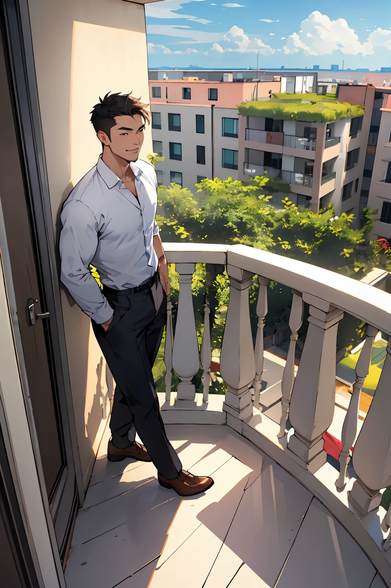Handsome Thai man, Condo balcony backdrop