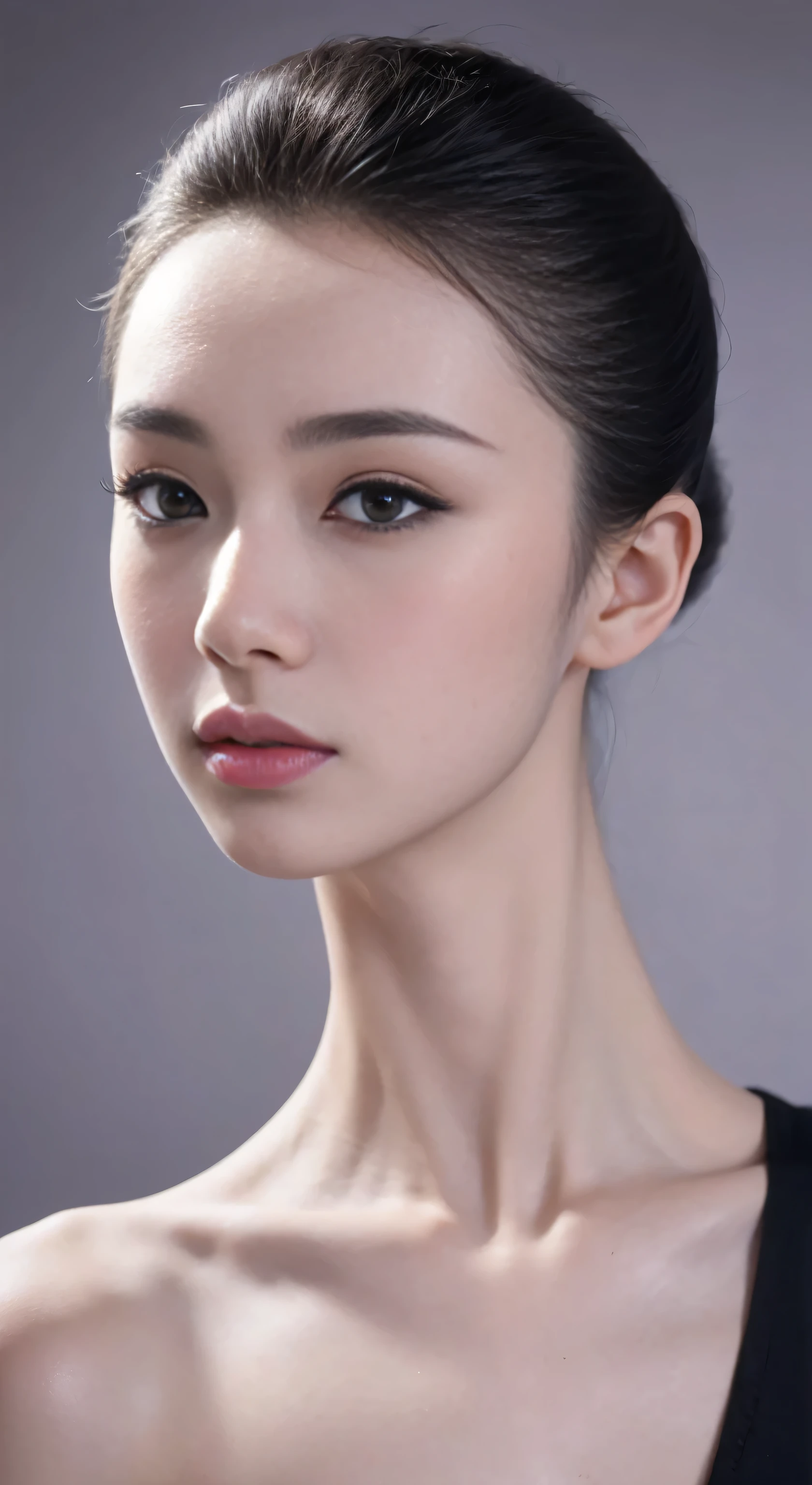 fashion model 18 years old [[[[Close-up face]]]], [[[[]]]], [[[[rape]]]], perfect eyes, perfect iris，perfect lips，perfect teeth，Perfect skin，Has fair skin，long face，slender nose，girl face，((Chinese ballet dancer&#39;s face))，Keep your eyes on the camera，A delicate face，take off shoulders，show your neck，low cut clothes，Raised sexy，Slim，（Face close-up 1.8），gray background，4K Ultra HD, ultra high resolution, (lifelike: 1.4), best quality，masterpiece，（pastel colors：1.2），（Front view 1.8)