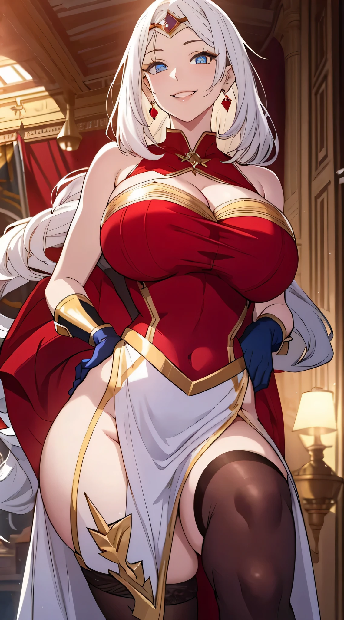 Lian, long white hair, hair stick, bangs, blue eyes, solo, smiling, standing, upper body, hips, bare shoulders,purple thighhighs, red dress, gold jewelry,armor,gloves,circlet, cleavage, red and gold royal castle, gigantic breasts, (best quality, masterpiece, beautiful and aesthetic:1.2, highest detailed face, perfect face,)  eyes, perfect face,expressive eyes,
looking at viewer, in the center of the image,(Upper_body),(Focus on her face),
official art,extremely detailed CG unity 8k wallpaper, perfect lighting,Colorful, Bright_Front_face_Lighting,shiny skin, 
(masterpiece:1.0),(best_quality:1.0), ultra high res,4K,ultra-detailed
