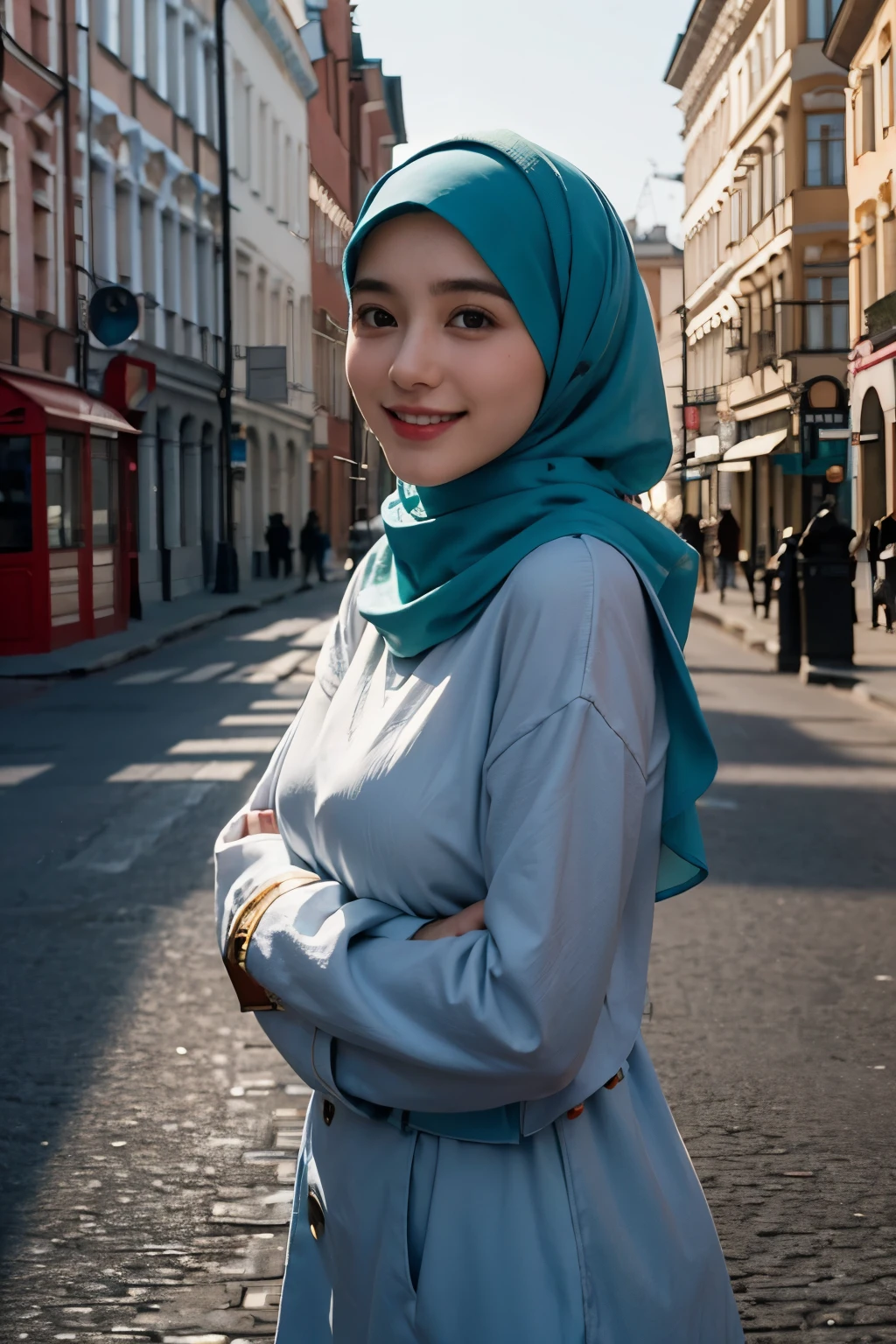 masterpiece, realistic, 8k, ultra HD, a street center photo shows an adorable, 24-year-old. In this photo, it is apparent that she has sharp eyes and a pointed nose, but she has a cute smile. Her breasts are medium sized. The photo was taken at a street center in Russia with good lighting that creates a cinematic atmosphere for the image. She is also seen wearing an adorable hijab.
