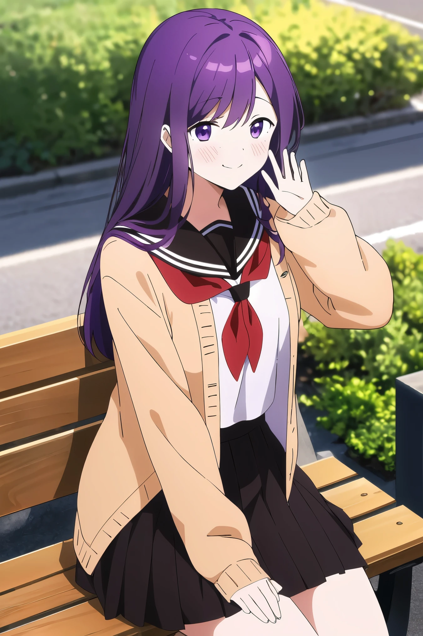 masterpiece, best quality, highres, 1girl, solo, purple hair, purple eyes, embarrassed face, bangs, serafuku, sailor collar, red neckerchief, white shirt, brown cardigan, open clothes, long sleeves, black skirt, sitting, smile, waving, bench, legs spread 