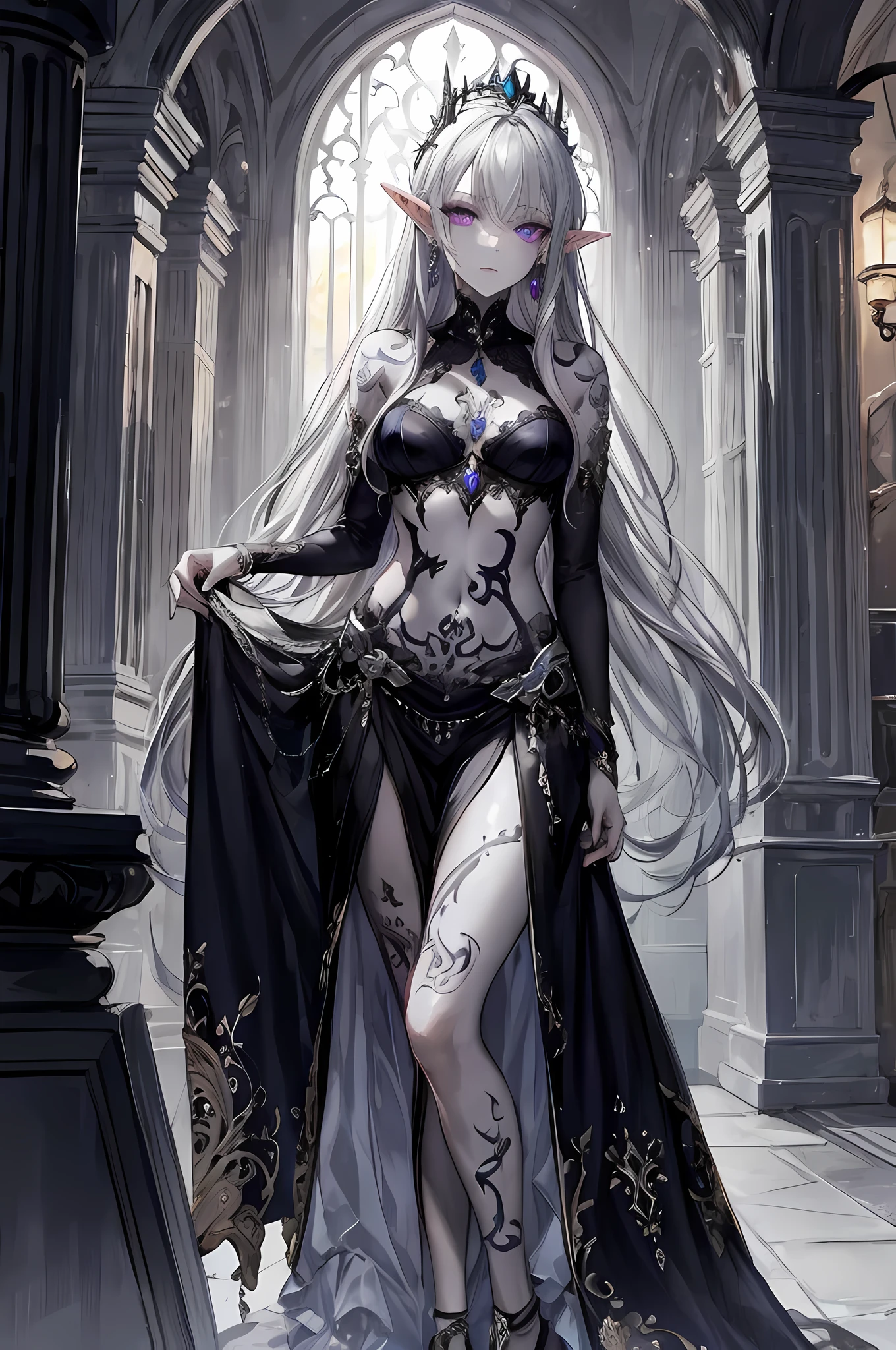 ((masterpiece)), ((ultra detailed)), (ultra quality), scenery, jewellery, dress, earrings, dark elf, long silver hair set in perfect princess curls, ((grey skin)), violet eyes, , dark elf, ashy skin, pale skin, ritualistic tattoos, dark elf maiden, dark fantasy style art, a beautiful sorceress, ritualistic tattoos