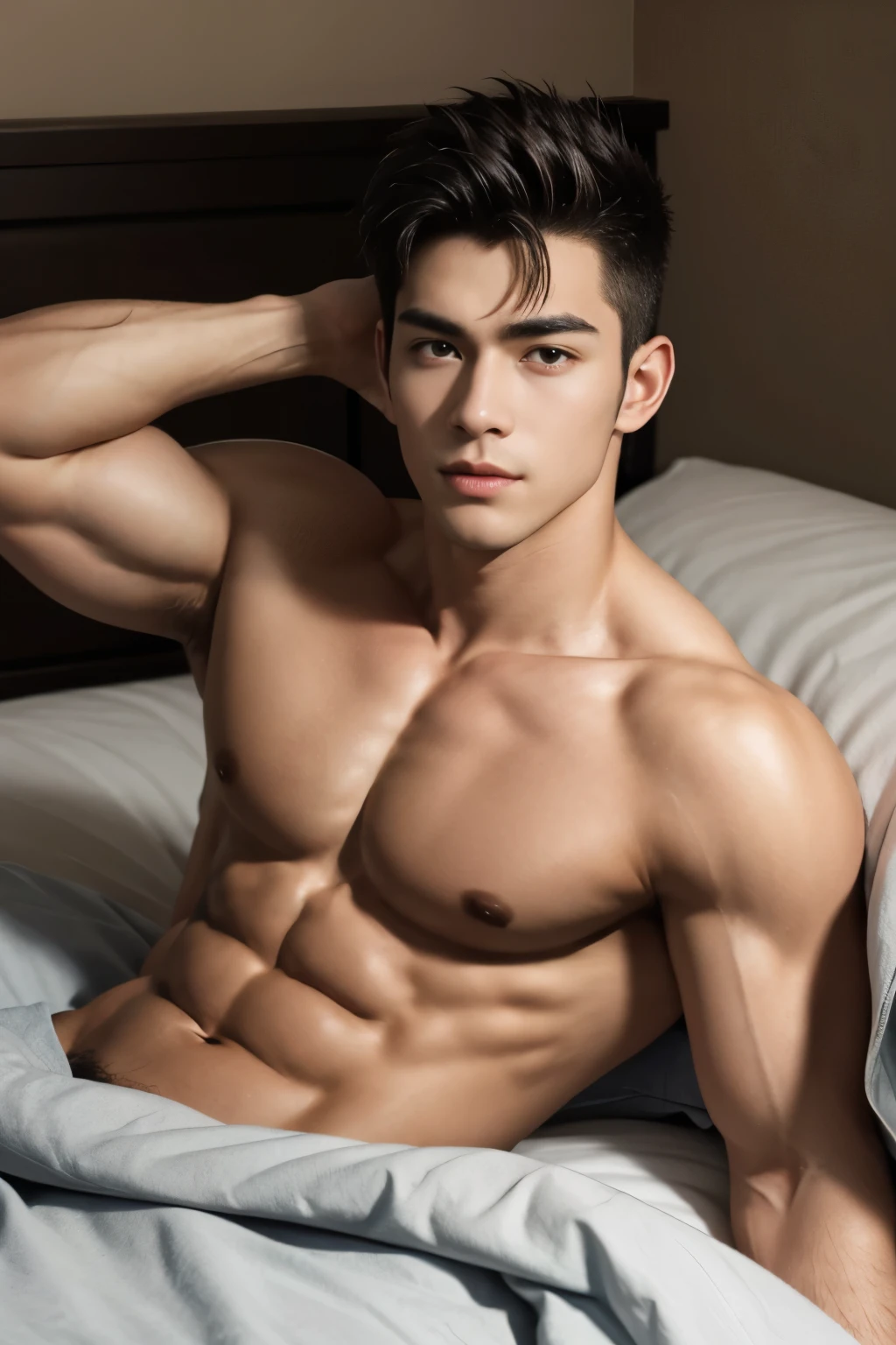 Handsome, muscular young man laying on the bed, resting on his elbow,