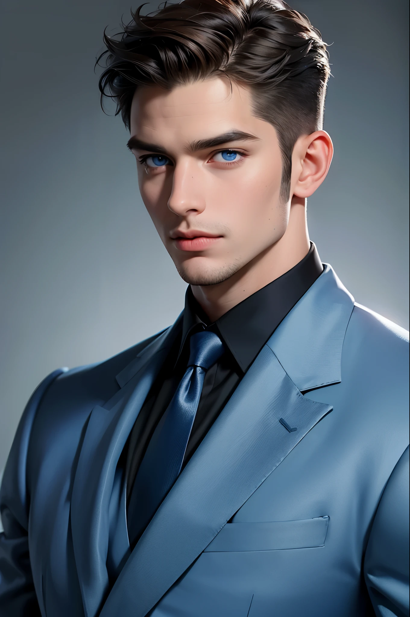 1 man, masterpiece, best quality, muscular male, three piece suit, olive-skinned, facial hair, chinstrap stubble, sideburns, brown hair, short hair, blue eyes, (bare forehead), handsome, mature, charming, alluring, (portrait), upper body, perfect anatomy, perfect proportions, 8k, HQ, (best quality:1.2, hyperrealistic:1.2, photorealistic:1.2, masterpiece:1.3, madly detailed photo:1.2), (hyper-realistic lifelike texture:1.2, realistic blue eyes:1.2), high_resolution, perfect eye pupil, (standing), perfecteyes, better_hands, perfecteyes,