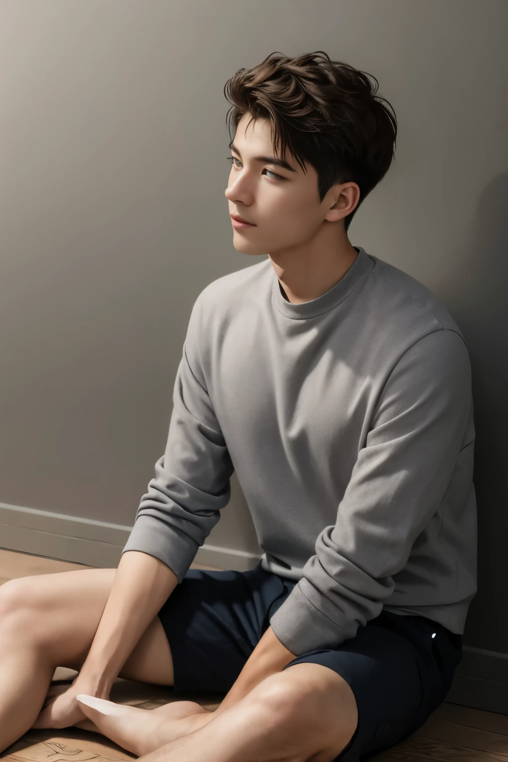 casual young man relaxing on the floor, sitting on his elbow and looking away from the camera on gray background