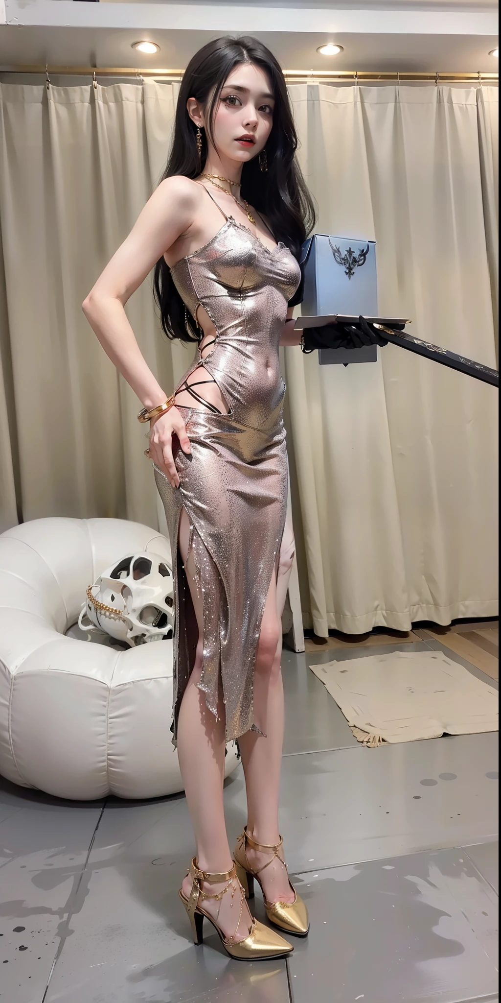 Cold Queen，Picture of a box full of swords, wing, succubus theme，fallen angel，Excellent，scary，secret horror，tentacle，have eyes，uncanny valley effect，little beast blood moon，skull skeleton，vampire，Hellfire，Demon Queen，Gold chain high heel boots