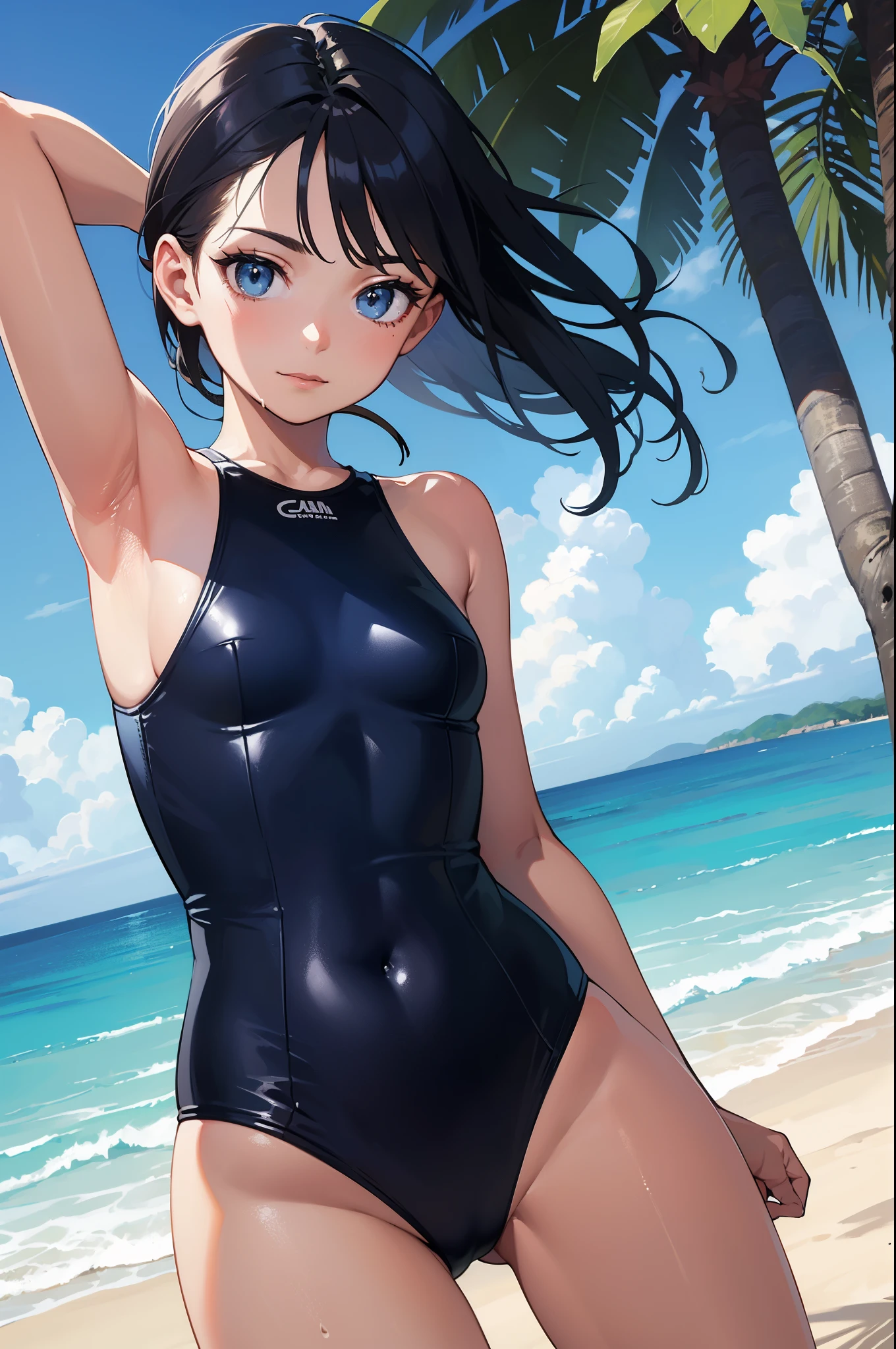 (masterpiece, best quality, 8k ultra high resolution:1.4), (Tropical, Beachside, Flowers: 1.4), depth of field, cinematic focus, from dramatic angle, emotional composition, emotional engine - full drive
BREAK
young kawaii girl, slender body, flat chest, provocative and smirk and love face expression, ultra detailed shiny skin, dark blue one-piece swimsuit, (wet and shiny detailed swimsuits: 1.2), wet and shiny thighs, perfect hip
BREAK
(realistic: 1.2), beautiful pony-tail hair, wind, detailed in the wind, petals dancing in the wind
BREAK
ultra detailed crystal eyes, bright jewelry eyes