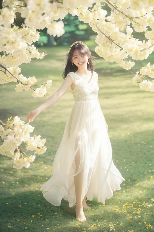1girl,moyou,full body,stars in the eyes,pure girl,(full body:0.5),There are many scattered luminous petals,hidding in the light yellow flowers,Depth of field,Many scattered leaves,branch,angle,contour deepening,cinematic angle,white dress,smiling,