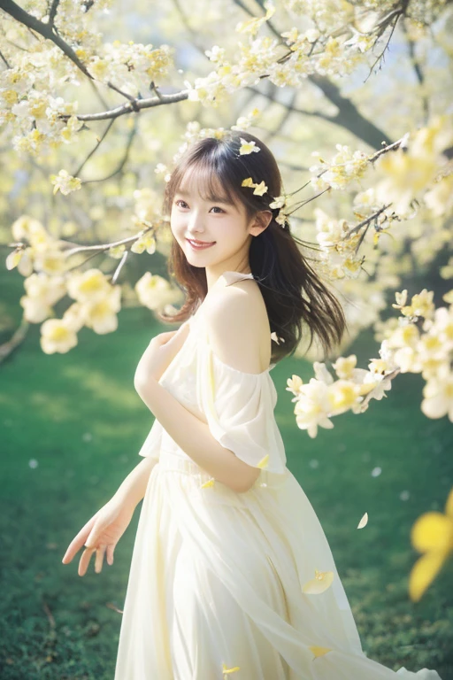 1girl,moyou,full body,stars in the eyes,pure girl,(full body:0.5),There are many scattered luminous petals,hidding in the light yellow flowers,Depth of field,Many scattered leaves,branch,angle,contour deepening,cinematic angle,white dress,smiling,