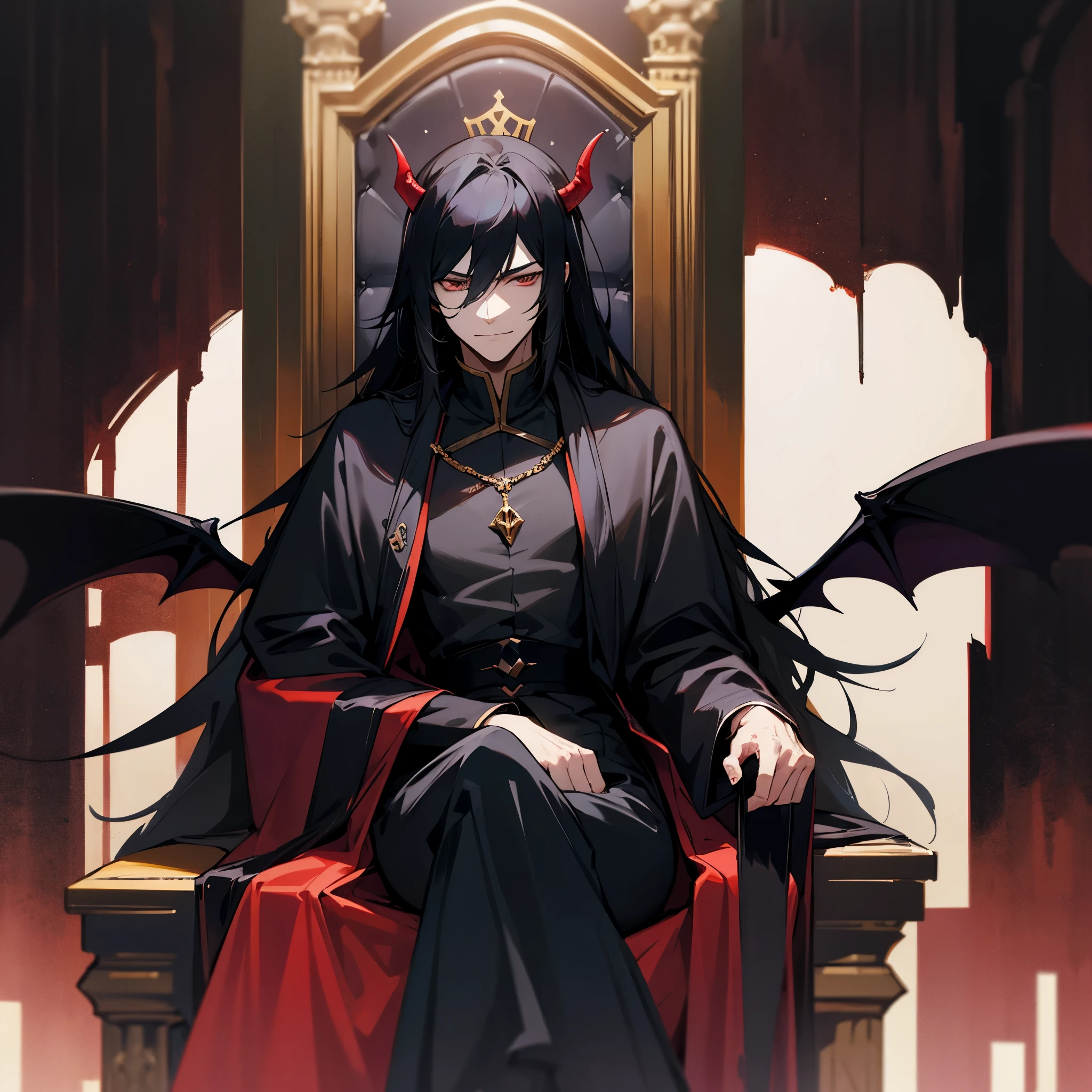 The Demon Lord is a handsome man with black hair.,Black dress,long hair,Not smiling,sitting on throne,in the castle,Having a monster as a pet