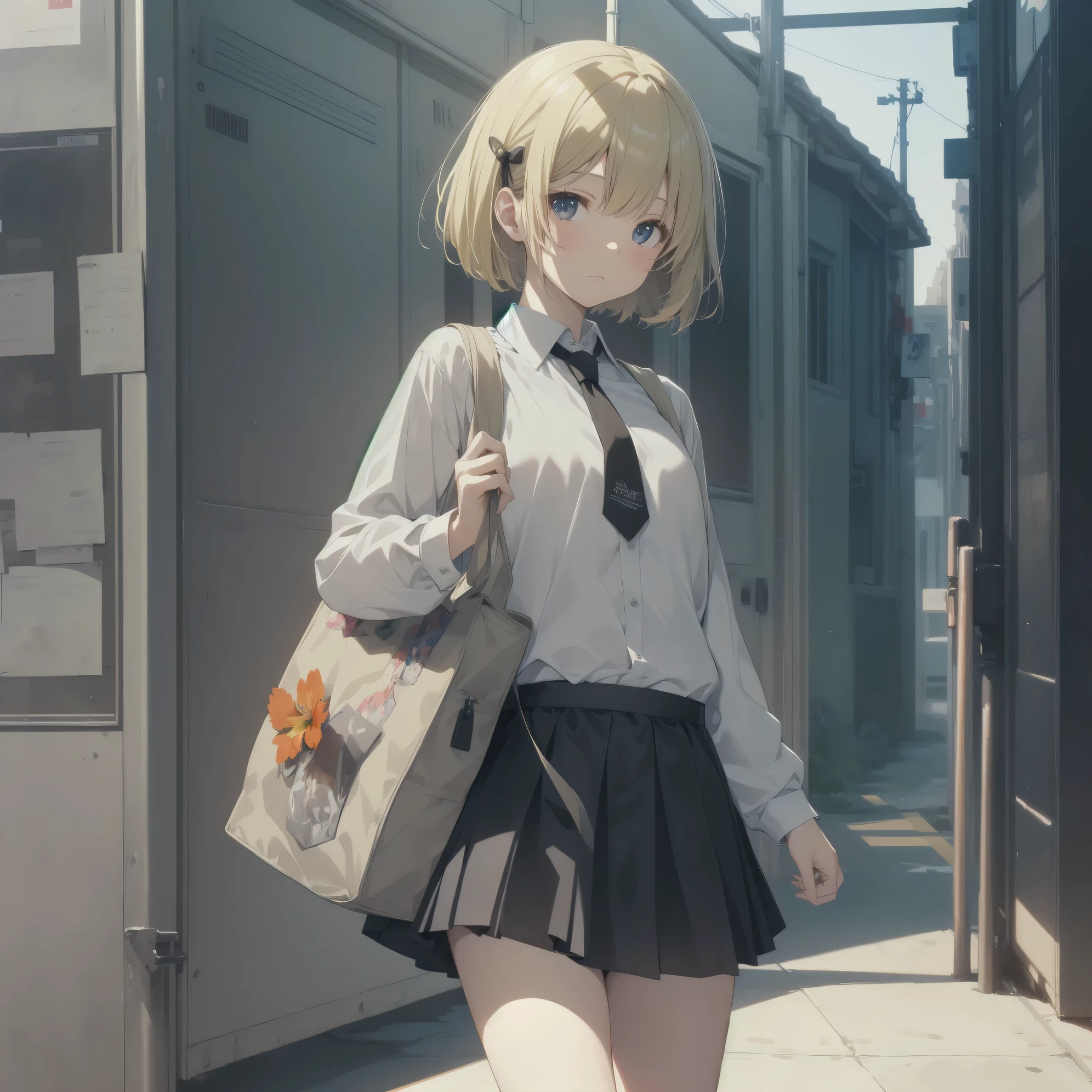 Super absurd quality by the god of art, super detailed, High resolution, anime moe art style, Best Anime 8K Kona-chan Wallpaper, pixiv contest winner, perfect anatomy, break,(眠そうにalone学校へ行く女の子を描いてください. )break,1 girl, (alone, woman, baby fears old:1., full finger,, The charm of an immature body, (very short hair), bangs, flat chest, Small Bodysuits, small ass, between legs, small black eyes, detailed and beautiful eyes, Well-proportioned iris and pupils, expressive eyes, sleepy eyes, High resolutionの詳細な髪, ribbon, neck ribbon, skirt, collared shirt, pleated skirt, school uniform, school bag,(detailed lighting), (detailed background), On the way to school. break,super dense skin, ,Best movie lighting by famous artists, 8k, figure,photoshop_(Moderate),Absurd Hi-Res,Hmm,rough skin
