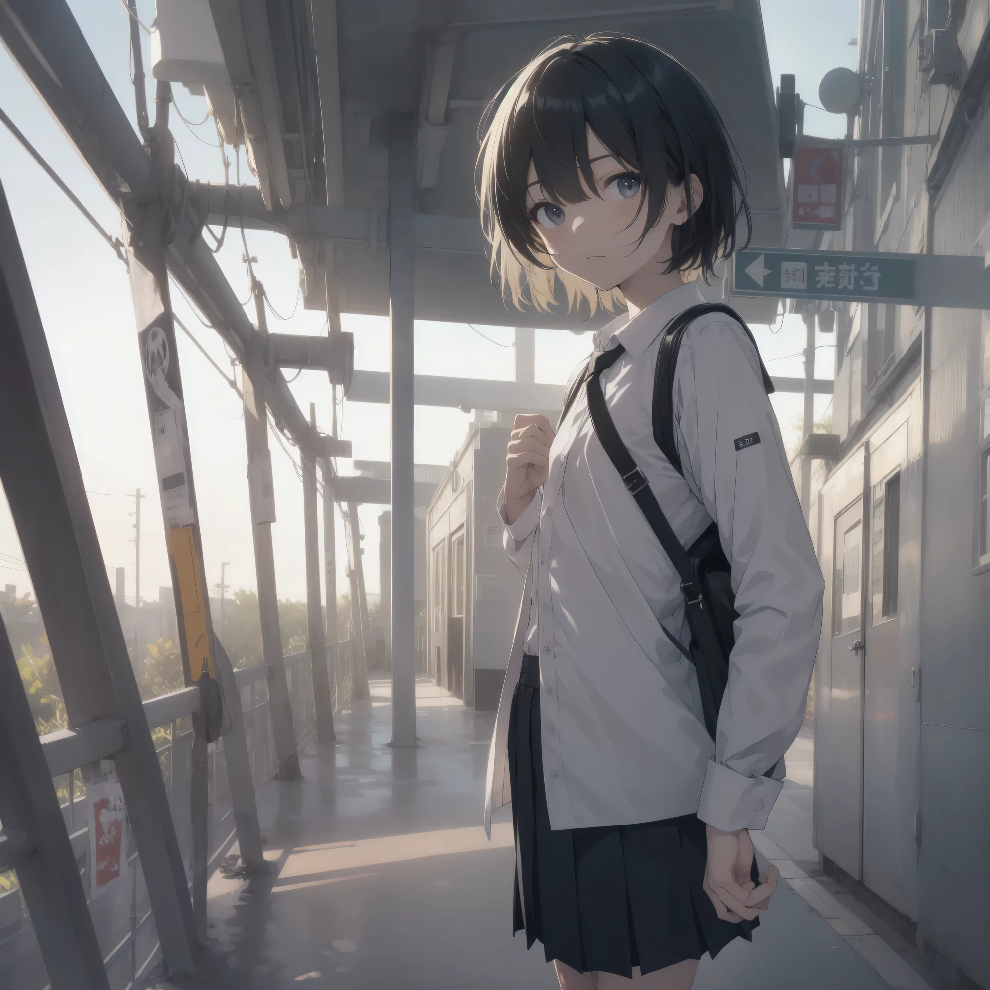 Super absurd quality by the god of art, super detailed, High resolution, anime moe art style, Best Anime 8K Kona-chan Wallpaper, pixiv contest winner, perfect anatomy, break,(眠そうにalone学校へ行く女の子を描いてください. )break,1 girl, (alone,little woman, baby face, 13 years old:1.3),All limbs, full finger,, The charm of an immature body, (very short hair), bangs, flat chest, Small Bodysuits, small ass, between legs, small black eyes, detailed and beautiful eyes, Well-proportioned iris and pupils, expressive eyes, sleepy eyes, High resolutionの詳細な髪, ribbon, neck ribbon, skirt, collared shirt, pleated skirt, school uniform, school bag,(detailed lighting), (detailed background), On the way to school. break,super dense skin, ,Best movie lighting by famous artists, 8k, figure,photoshop_(Moderate),Absurd Hi-Res,Hmm,rough skin
